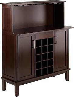 Winsome Beynac Cappuccino Wine Bar Cabinet - Stores 15 Bottles, Stemware Rack, Adjustable Shelves for Stylish Entertaining