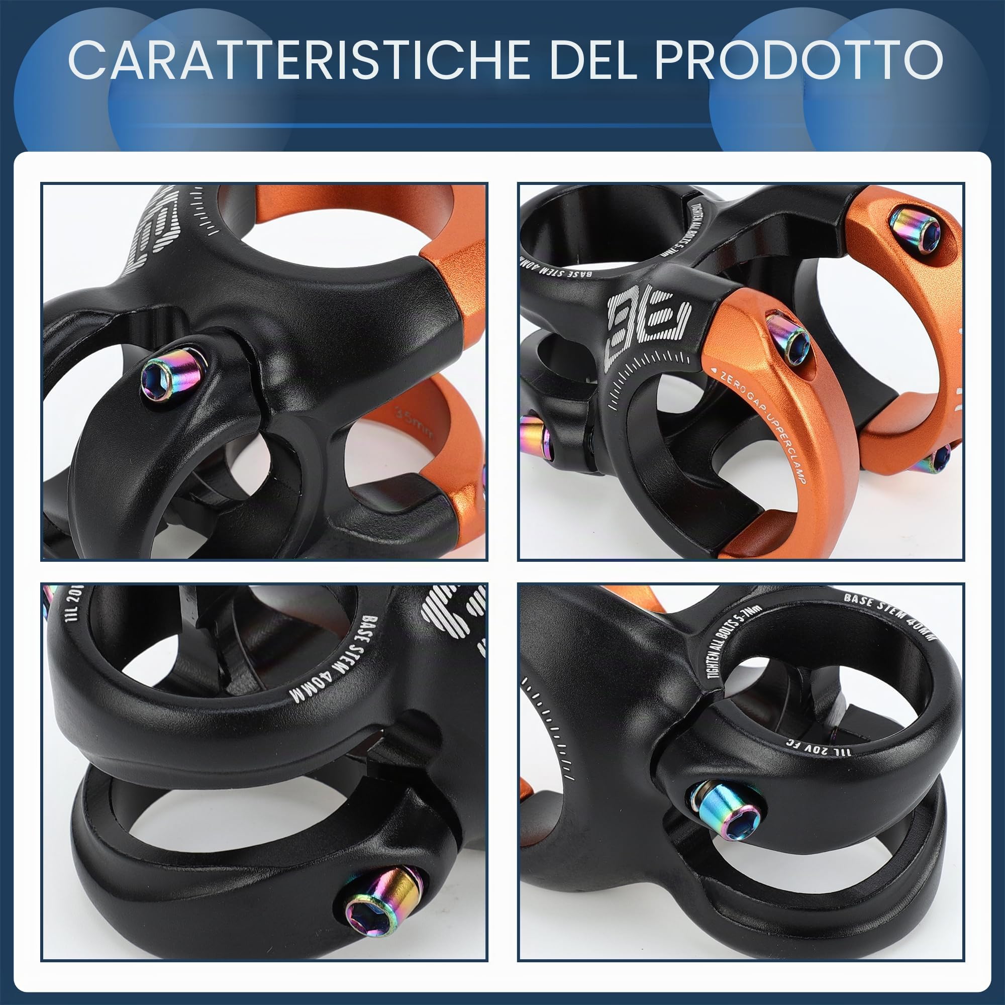 Attacco Manubrio Corto per Mountain Bike, 35mm Attacco 40mm, Bicicletta Strada MTB BMX Fixie Gear Ciclismo, Attacco Corto Cicli con Rialzo a 0 Gradi, Nero Arancione, 1 Pezzo