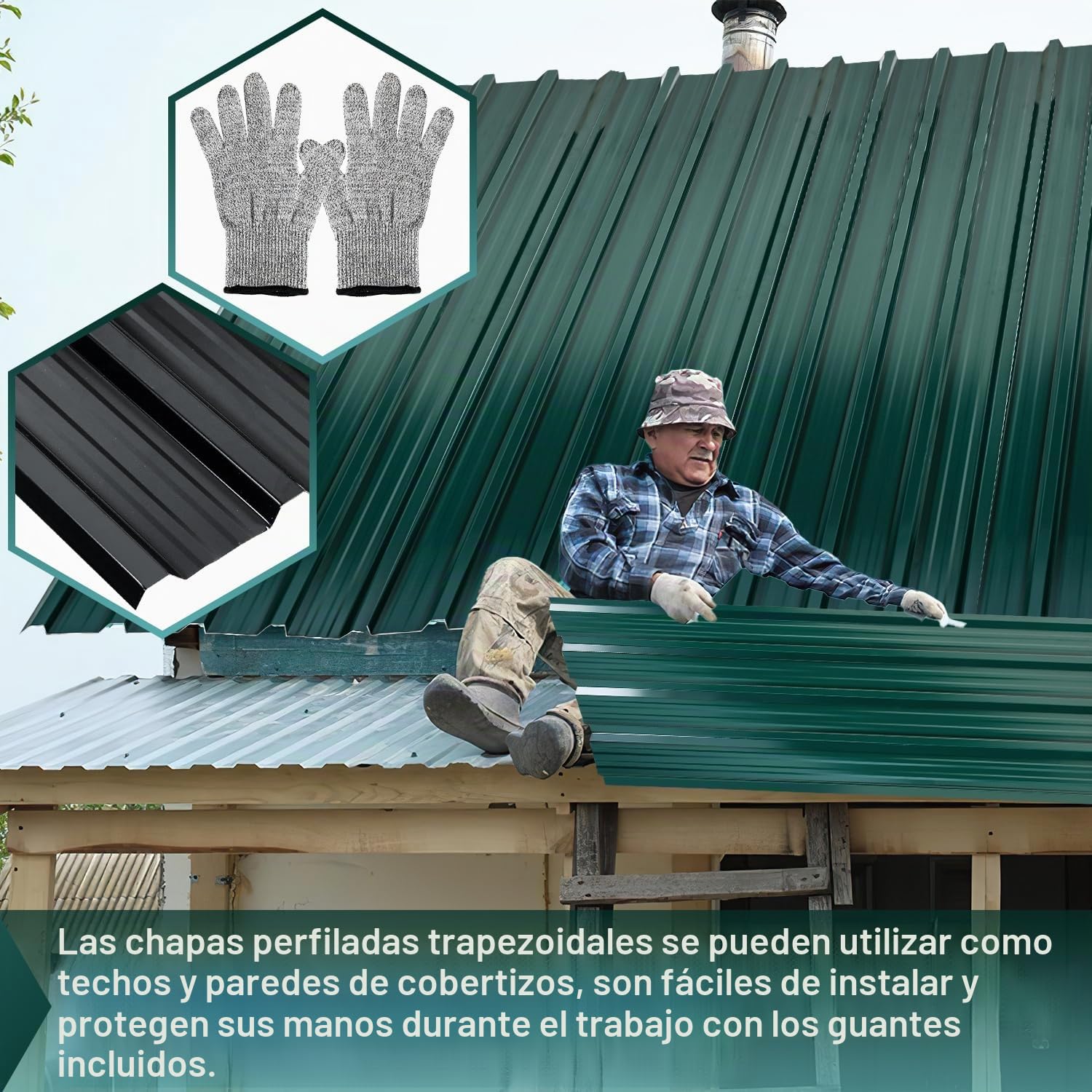 129 cm x 46 cm Chapa trapezoidal 24 piezas, placas de techo de acero galvanizado de 0,25 mm de espesor, placas de chapa ondulada para techo, placas de techo de chapa, 7 m² Chapa de techo verde