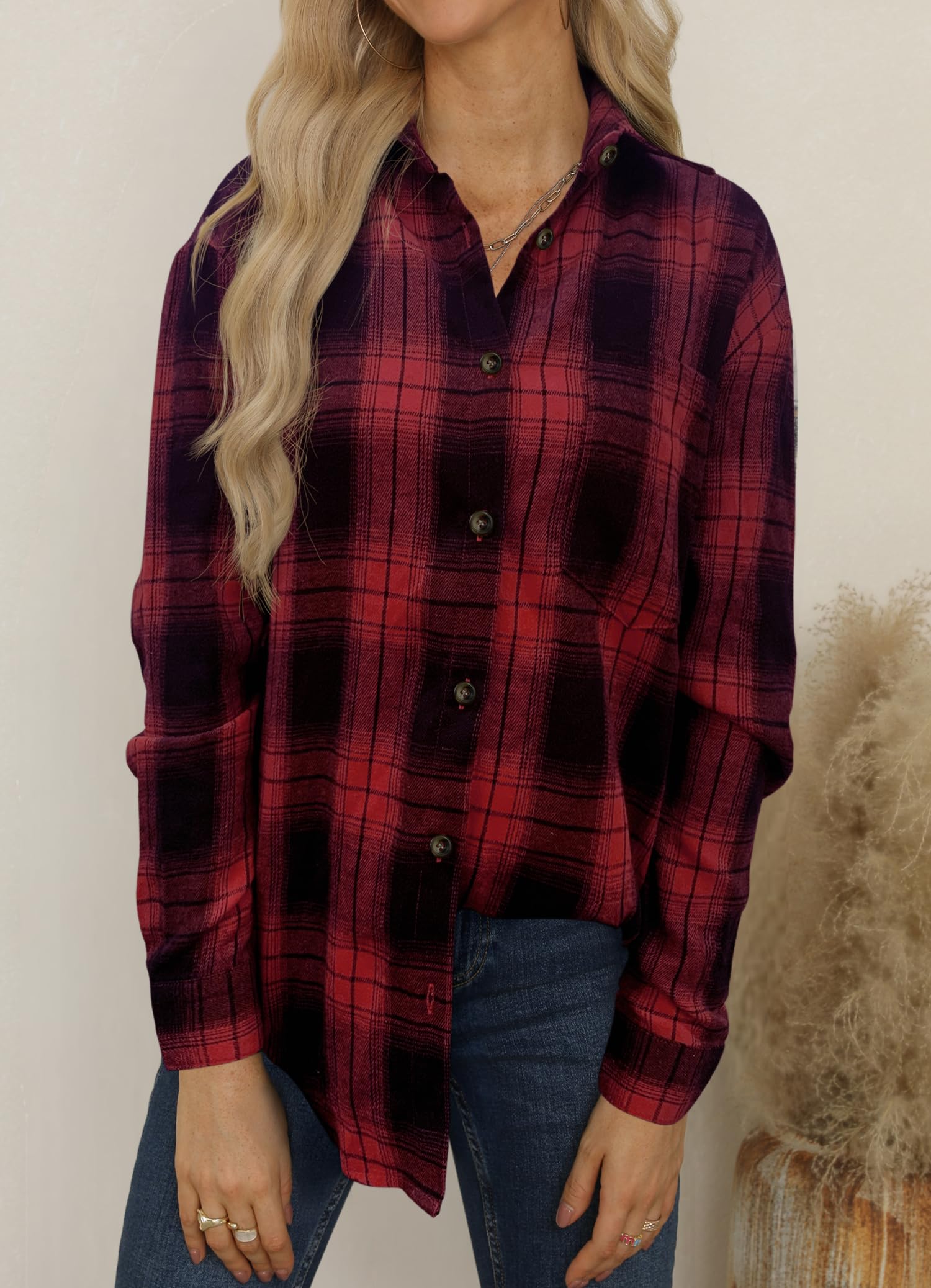 NONSAR Camicia da donna a quadri, con bottoni, a maniche lunghe, per Oktoberfest, a quadri, casual, con scollo a V, in flanella