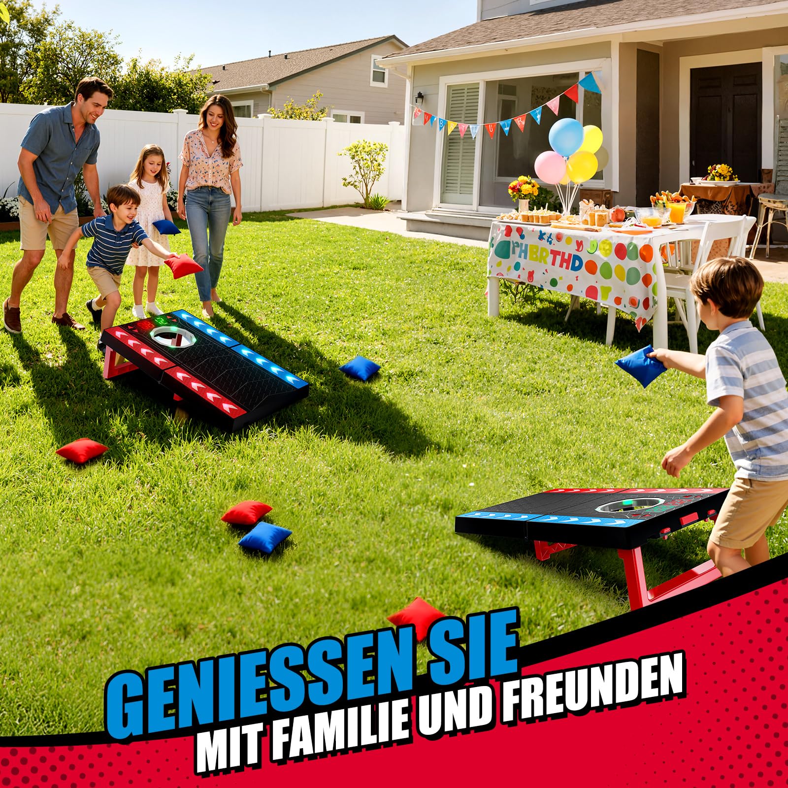 Cornhole Spiel Outdoor, Elektronisches Cornhole Set mit automatischer Punktezählung, LED & Musik, 2 Boards & 8 Säckchen, Sackloch Spiel für Garten, Camping, Kinder ab 8 & Erwachsene