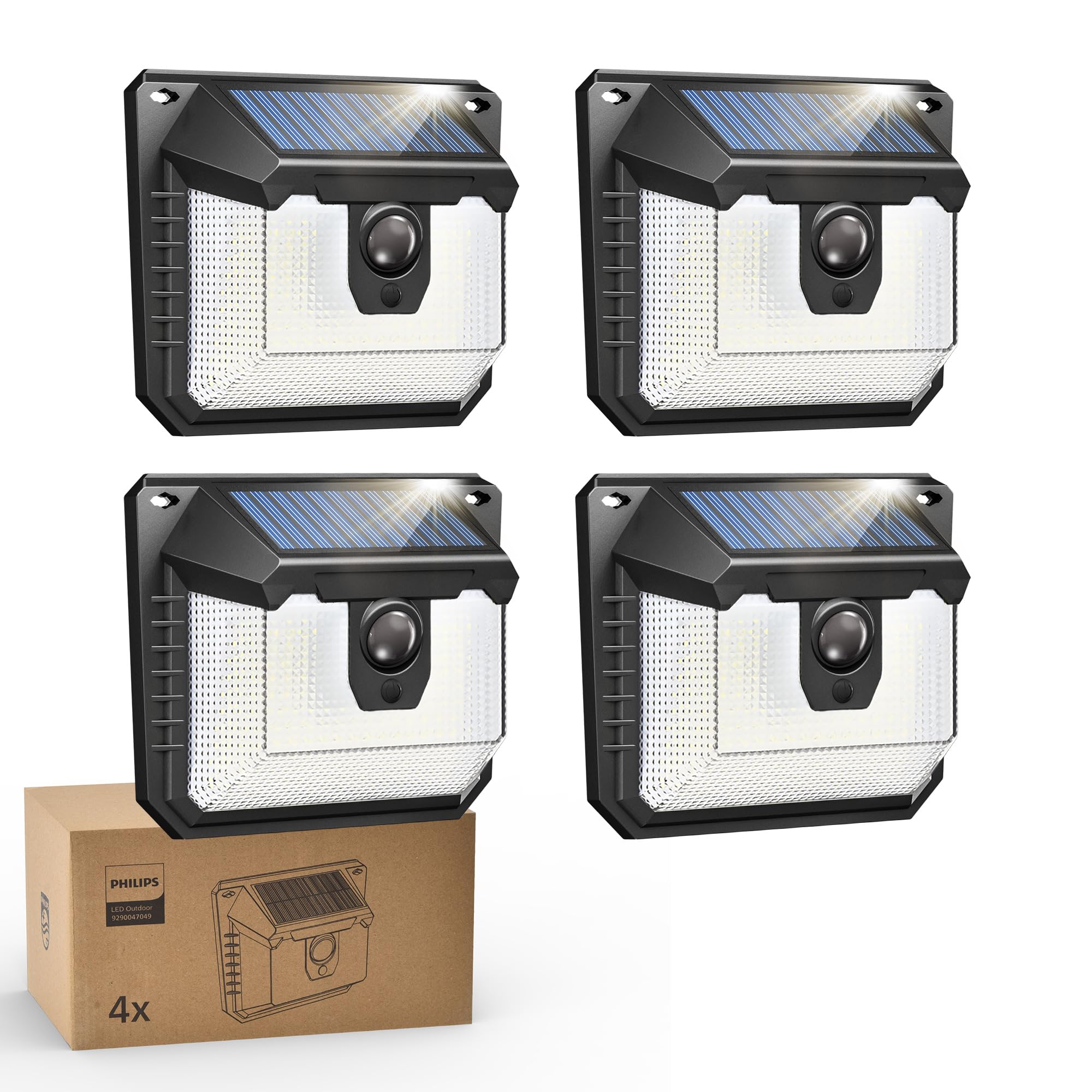 Philips Solarlampe Außen mit Bewegungsmelder, 120 LEDs Solarbetriebene Außen-Sicherheitsleuchte, 3 Modi, Wasserdichte Wandleuchte für Garten, Hof, Zaun, Garage (4 Stück)