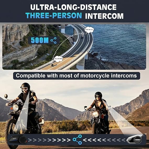 Motorcycle Helmet Headset 3 Riders Motorbike Communication System S2 Intercom with Music Sharing/HiFi Sound/3 EQ Music Modes/DSP&CVC Noise Cancellation/IP67/FM Radio - S2-Black 2 Pack