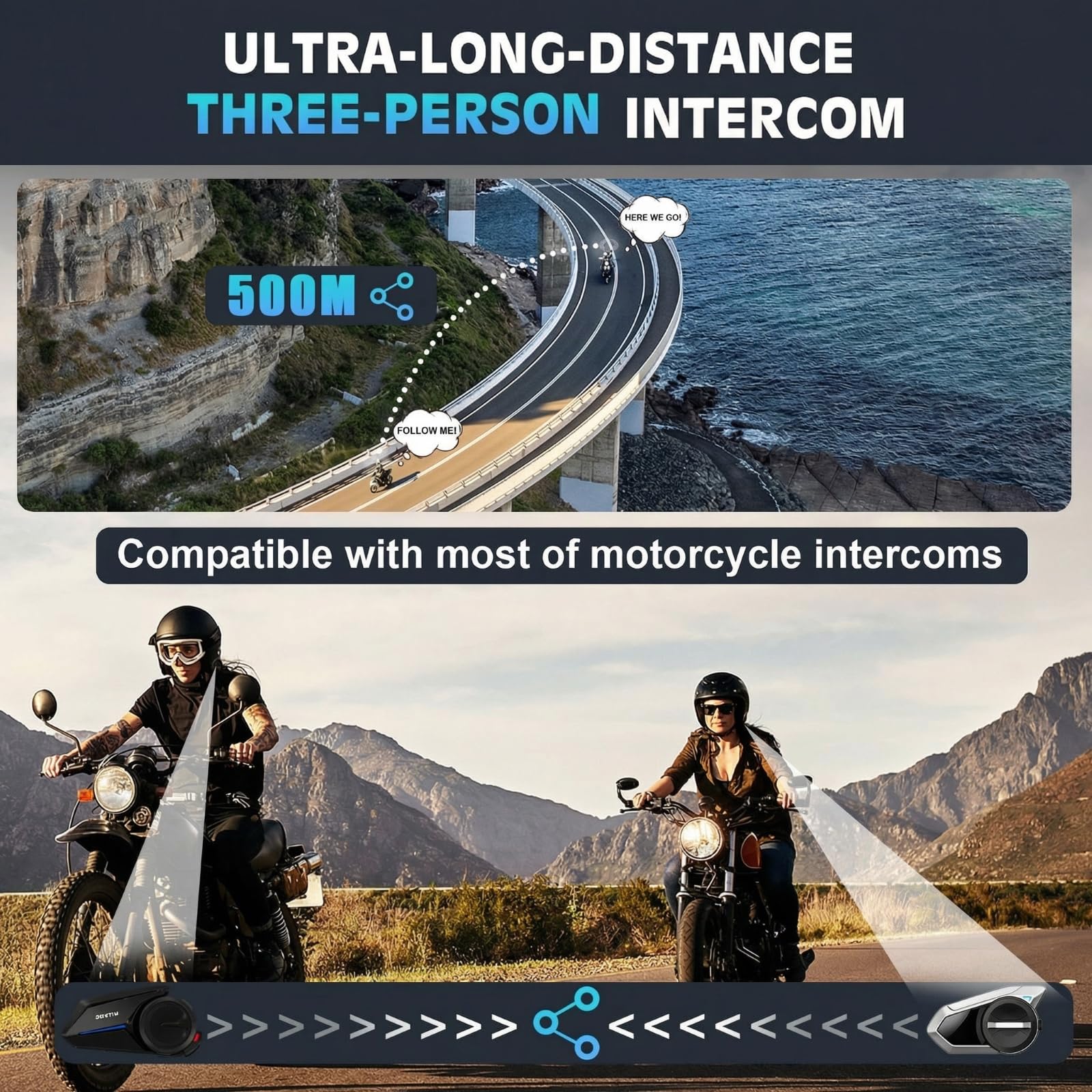 Motorcycle Helmet Headset 3 Riders Communication System S2 Intercom with Music Sharing/HiFi Sound/3 EQ Music Modes/DSP&CVC Noise Cancellation/IP67/FM Radio - S2-Black 2 Pack — view 3