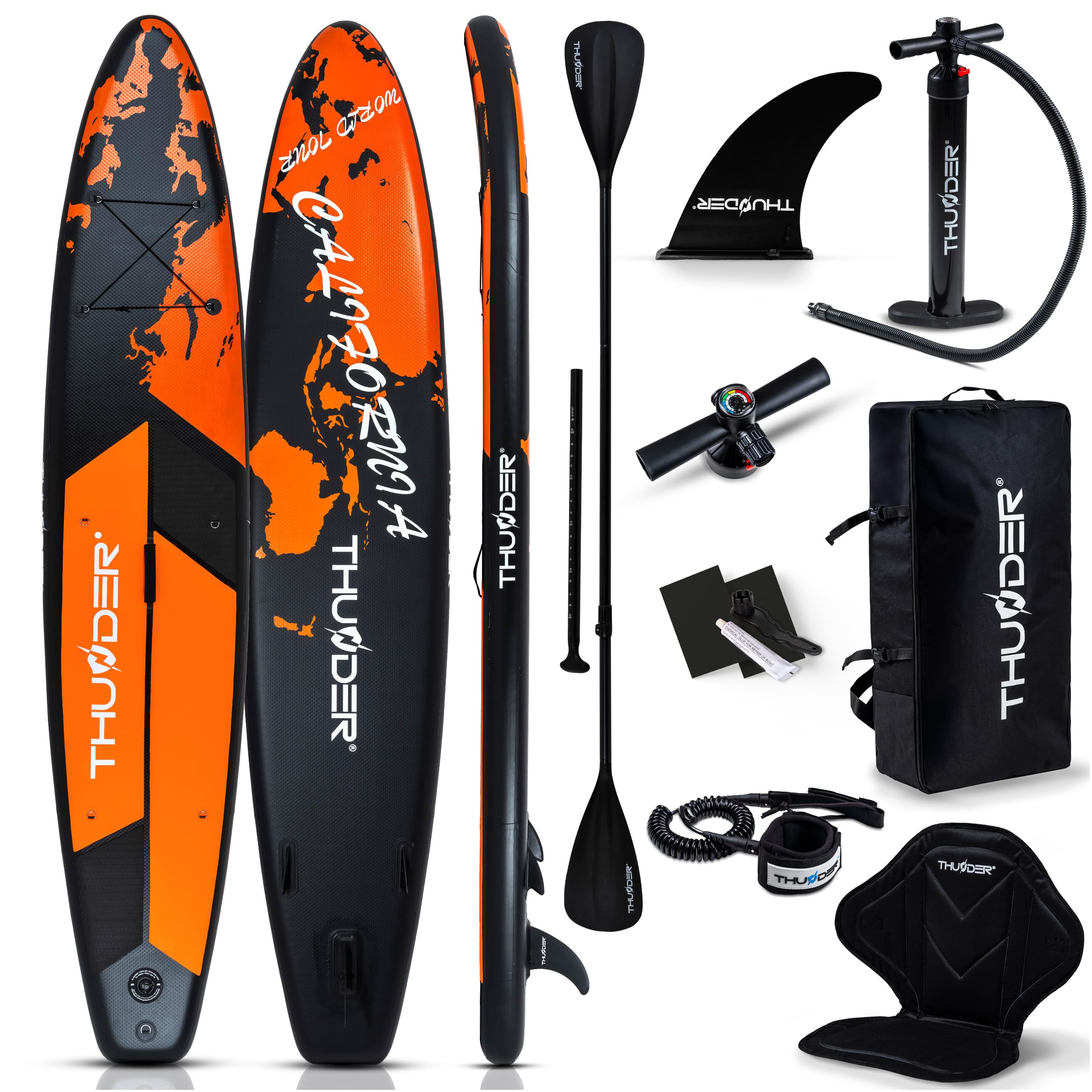 THUNDER SUP Board 365 cm, Aufblasbar mit Kajaksitz, Orange/Schwarz, Earth