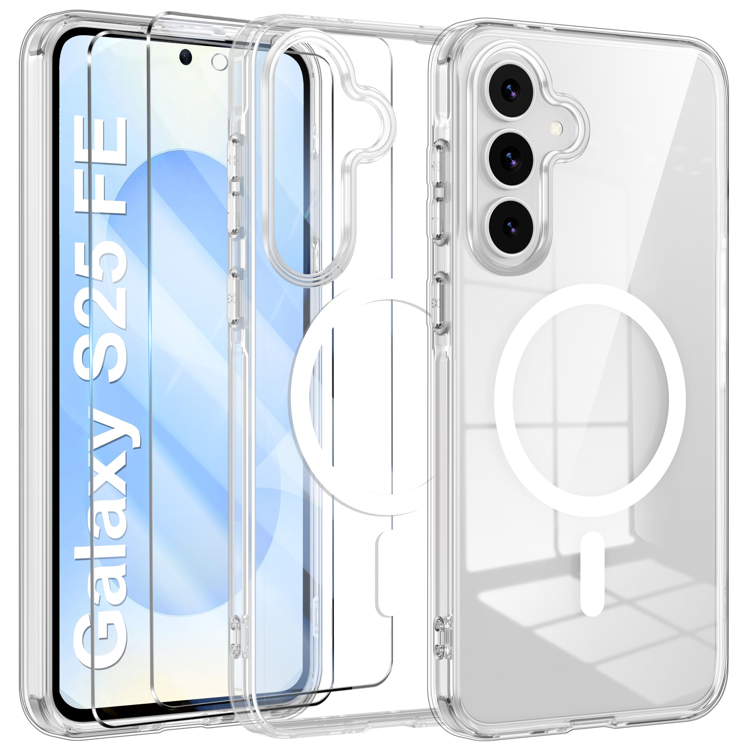 Opkiegrn Magnetisch Hülle Kompatibel mit Samsung Galaxy S25 FE mit 2 Schutzfolie, Vollständiger Kameraschutz Handyhülle, Stoßfest Kratzfest SchutzHülle Transparent