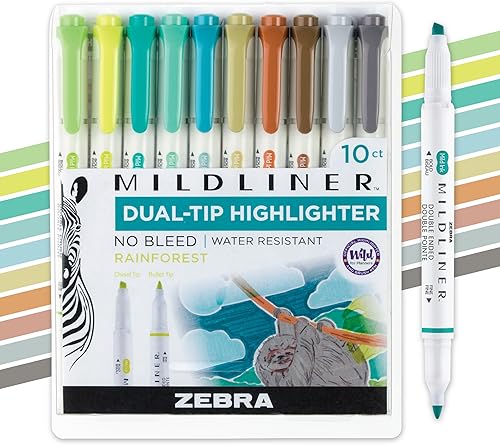 Zebra Pen Mildliner Juego de marcadores resaltadores de doble punta, punto grueso y fino, no se corren, colores de tinta surtidos de selva tropical,