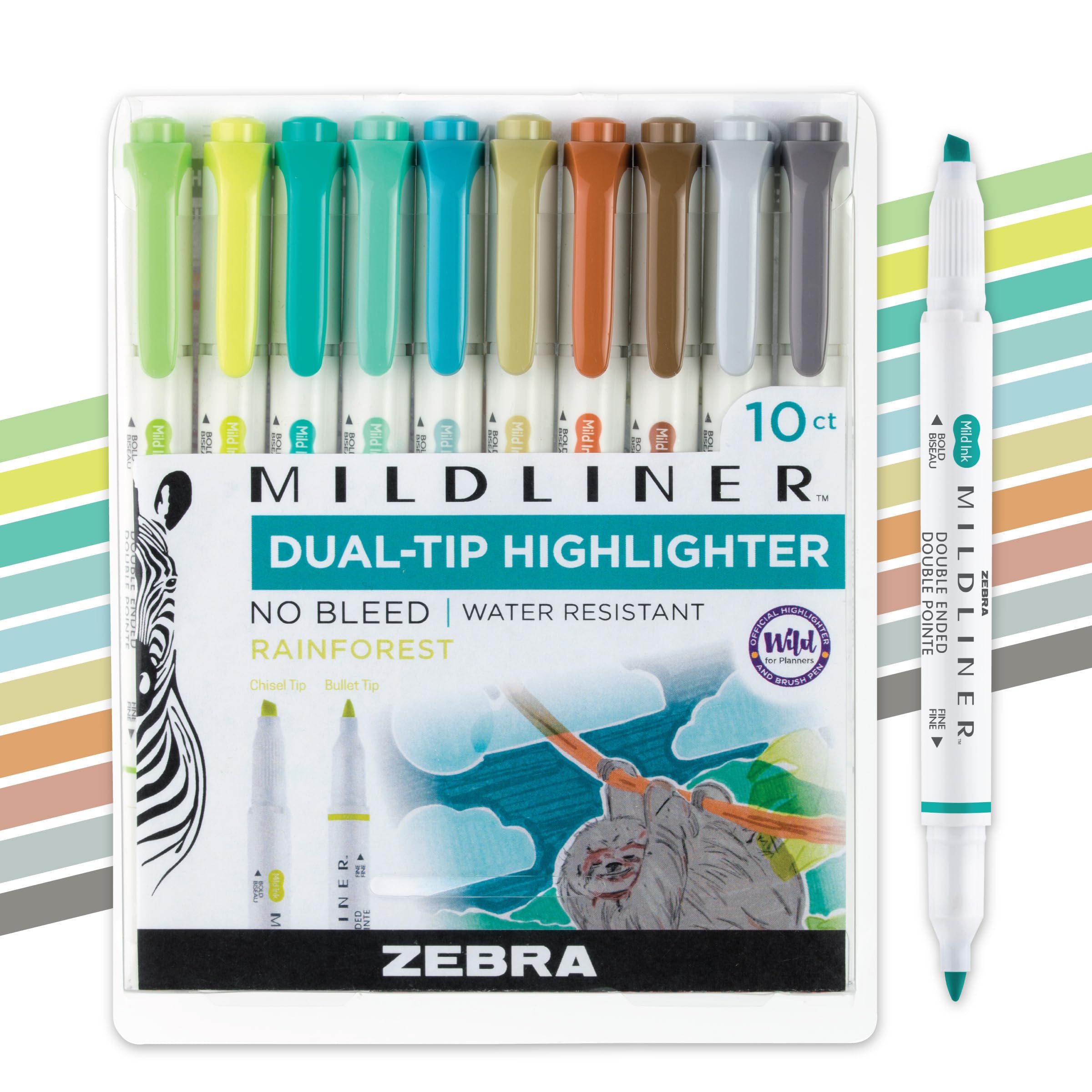 Zebra Pen Mildliner Dual-Tip Highlighter Set, Broad and Fine Tips, No Bleed, Ideal for Bible Highlighting, Journaling, Note-Taking and School Supplies, Assorted Rainforest Ink Colors, 10-Pack (78401)