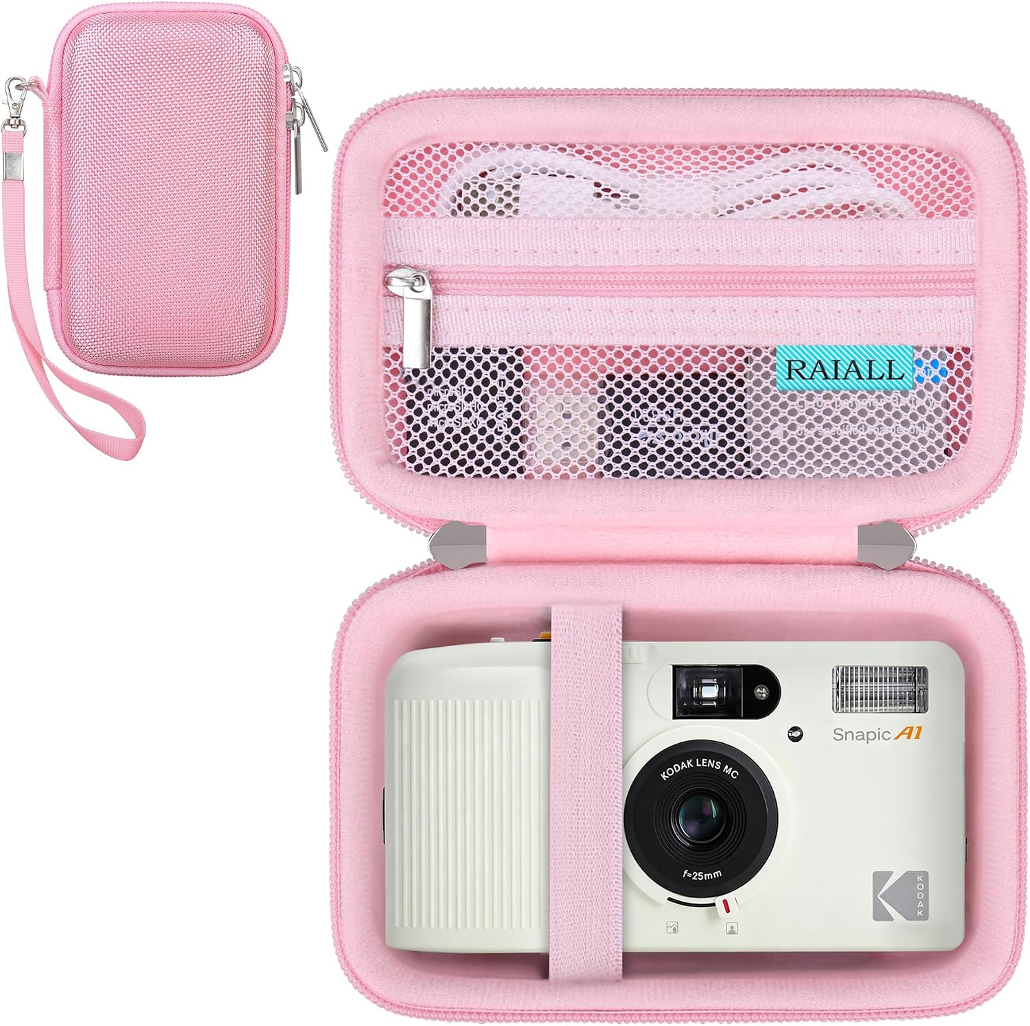 RAIALL Camera Case for KODAK Snapic A1 35mm Film Camera, Hard Carrying Case Protective Travel Bag, Mesh Pocket for Batteries and Camera Lanyard Accessories, Pink