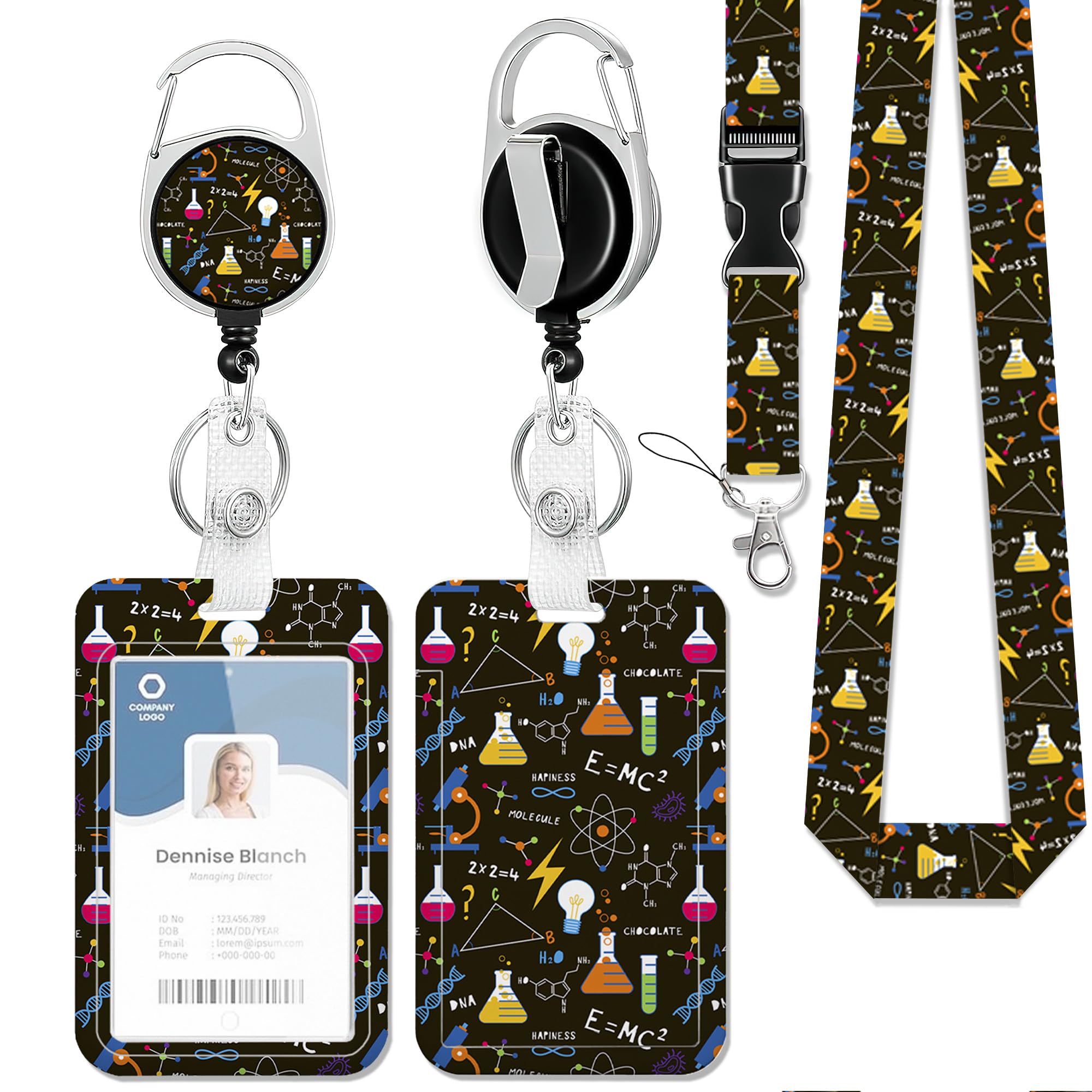 Science Biology Physics Flasks Formula Lanyard with Id Holder,ID Holder with Badge Reel Clips,Keychain Name Tag ID Card Holder Teacher Women Doctor