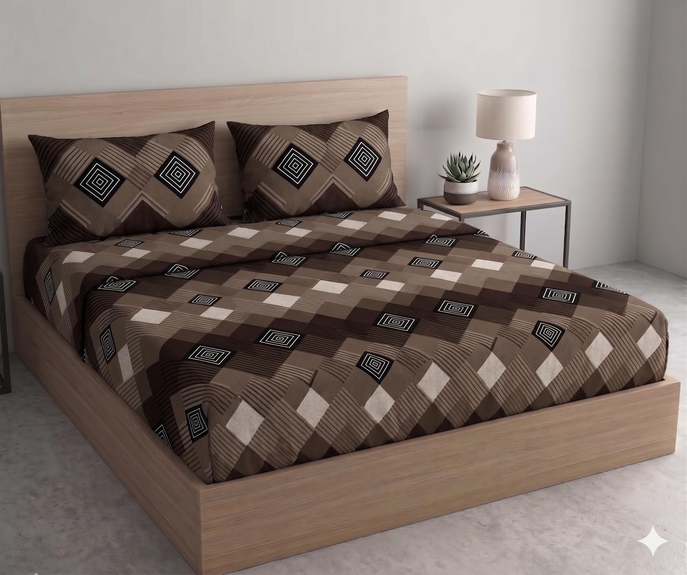 DECOMIZER 300 TC Cotton Feel All Around Elastic Fitted Glace Printed King Size Double Bed Bedsheet with 2 Large Pillow Covers Fits Upto Mattress of 8 Inches, Size - 72x78x10 Inches, Beige Coffee Box