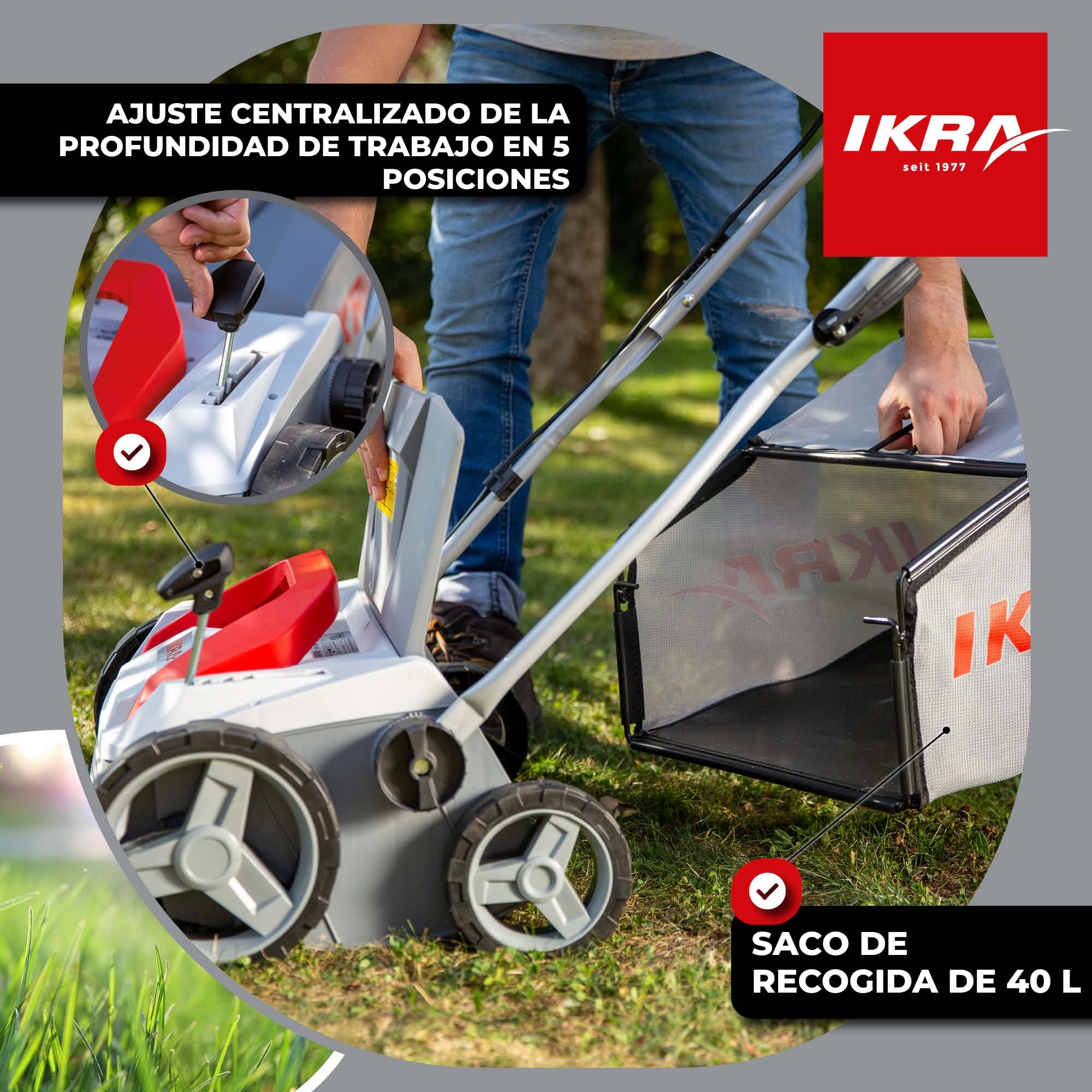 IKRA escarificador y aireador eléctrico IEVL 1838, saco coletor 40l, largo de trabajo 38cm, 1800W