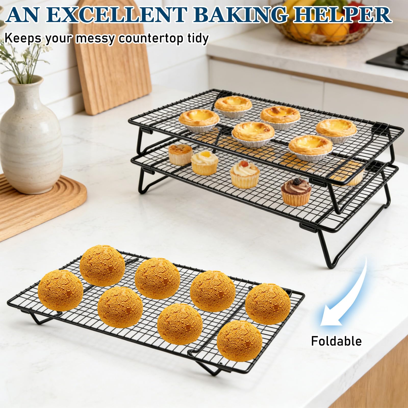 Grille de Refroidissement Patisserie 3 Niveaux Acier Carbone Antiadhésive 43x28x8cm Pliable Empilable