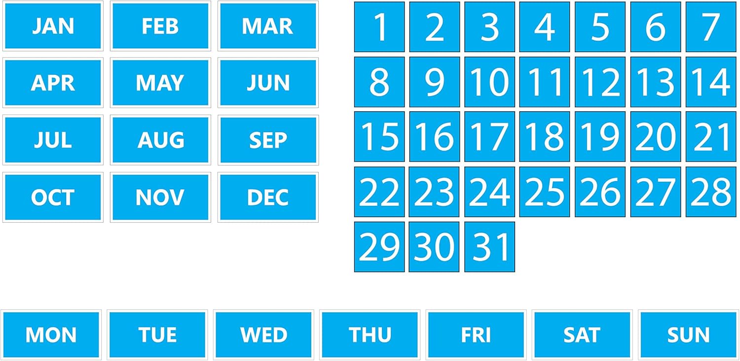 Whiteboard Calendar Magnet Bundle (Dates, Days of The Week, Months) by DCM Solutions (Blue, 1"x1")
