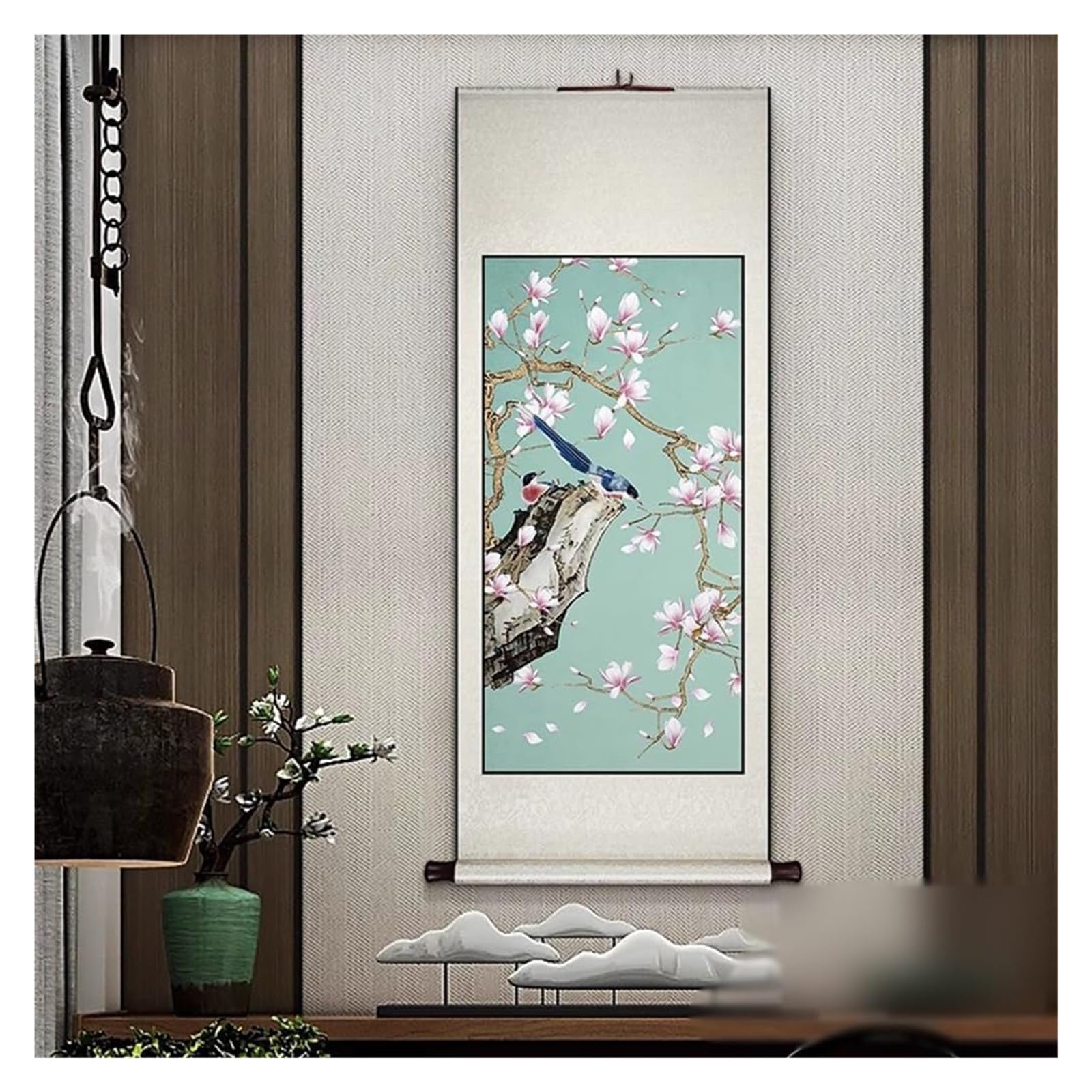 Radosny ptak, kwiatowy zwój, ręcznie wykonany chiński wieszak ścienny, dekoracja feng shui do przedpokoju, kreatywna kolekcja prezentów(Creamy white B,59L x 148W cm)