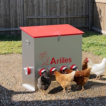 Automatic Chicken Feeder Box, 120lb Capacity, 10 No-Waste Ports, Metal Poultry Feeder with Covered Lid & Elevated Stand, Feed Dispenser for Chickens, Ducks & Backyard