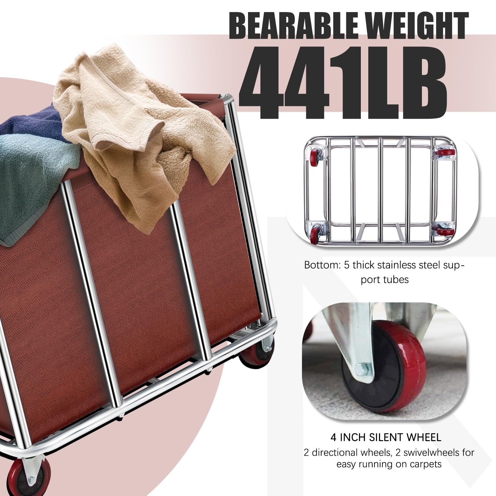 Carrello per lavanderia commerciale, 400 l, grande, in acciaio pesante, resistente e inodore, con ruote e fodera in tela rimovibile, per Lndustrial/casa (colore marrone)