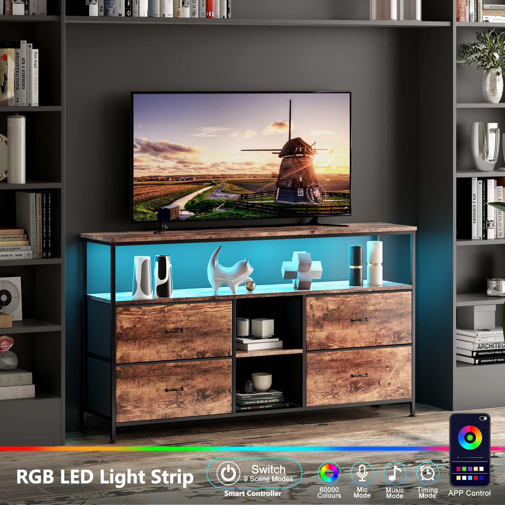 Armoire TV avec lumières LED - 108 x 30 x 78 cm - Meuble TV avec 4 tiroirs, 3 compartiments ouverts - Avec étagère en verre réglable - Pour salon, chambre à coucher - Marron - 108 x 30 x 78 cm
