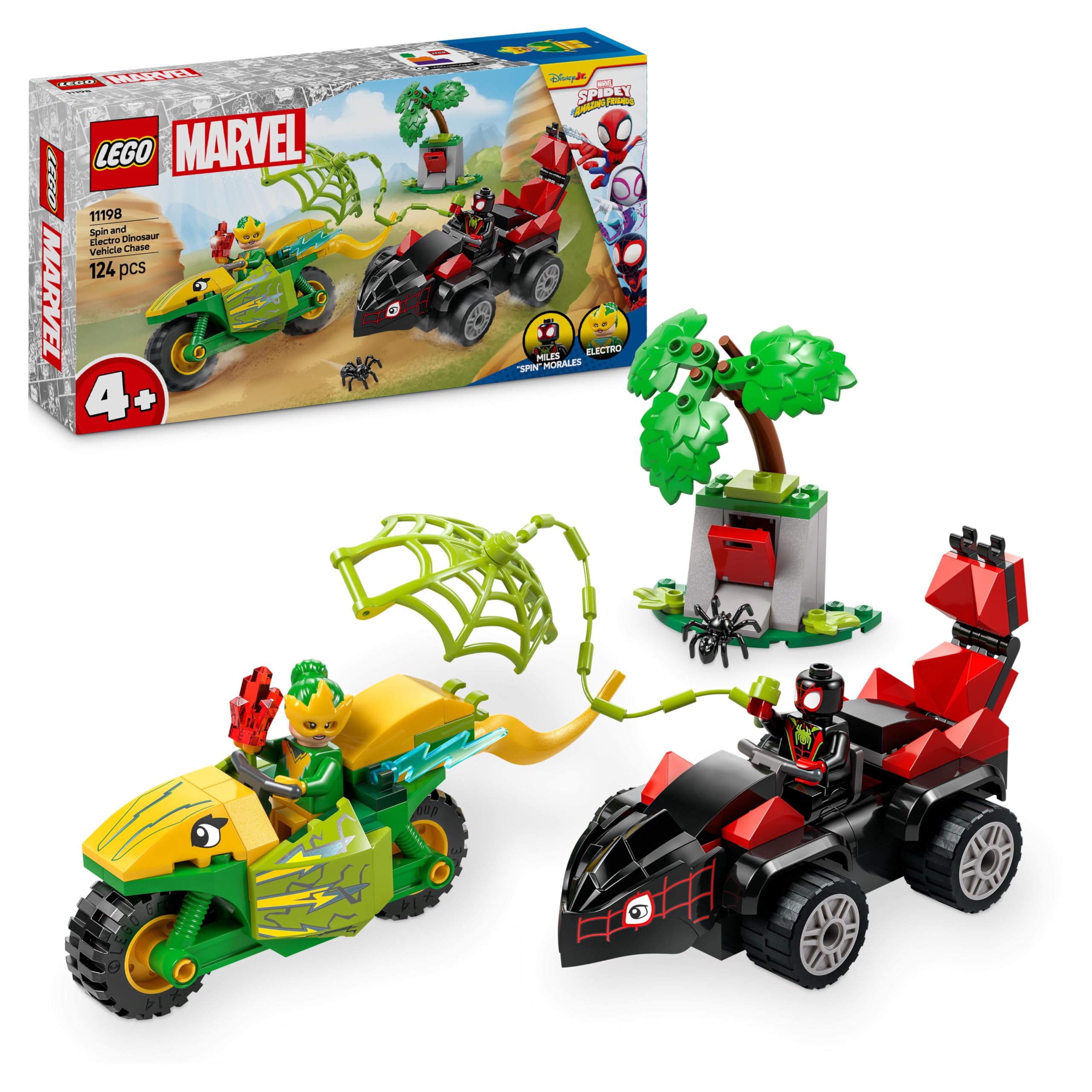 LEGO Marvel Actionspaß mit Spin und Electro in ihren Dino-Flitzern, baubares Superheldenauto für Jungen und Mädchen ab 4 Jahren, Helden Set mit Spielzeug Auto, Spidey und Seine Super-Freunde 11198