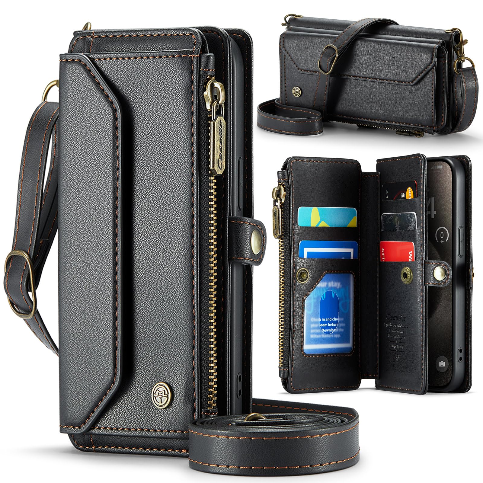 Unichthy For iPhone 16 Pro Max Case for Women with Crossbody Strap + Wrist Strap Shockproof Premium Leather Flip Wallet Handbag Zip Purse 5 Card Slots Clutch Bag for iPhone 16 Pro Max Black