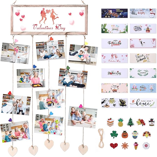 LinTimes Hanging Photo Frame for Wall Decor, Wood Picture Display Frame With 7 Sheets Changeable Theme Card & 30 Clips Wooden Photo Holder Collage Set Christmas Gifts for Nanny Grandparents