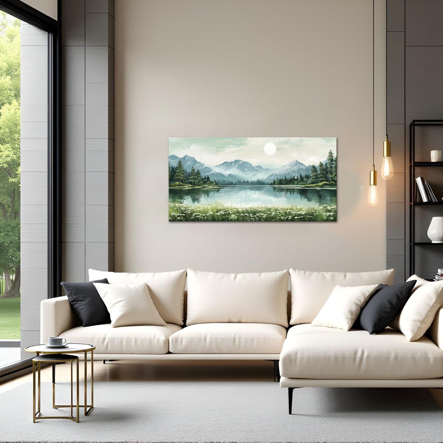 sechars Mountain Lake Canvas Wall Art Nature Wilderness Painting Prints Relax Calm Scenic Picture for Living Room Bedroom 20"x40" (Green)