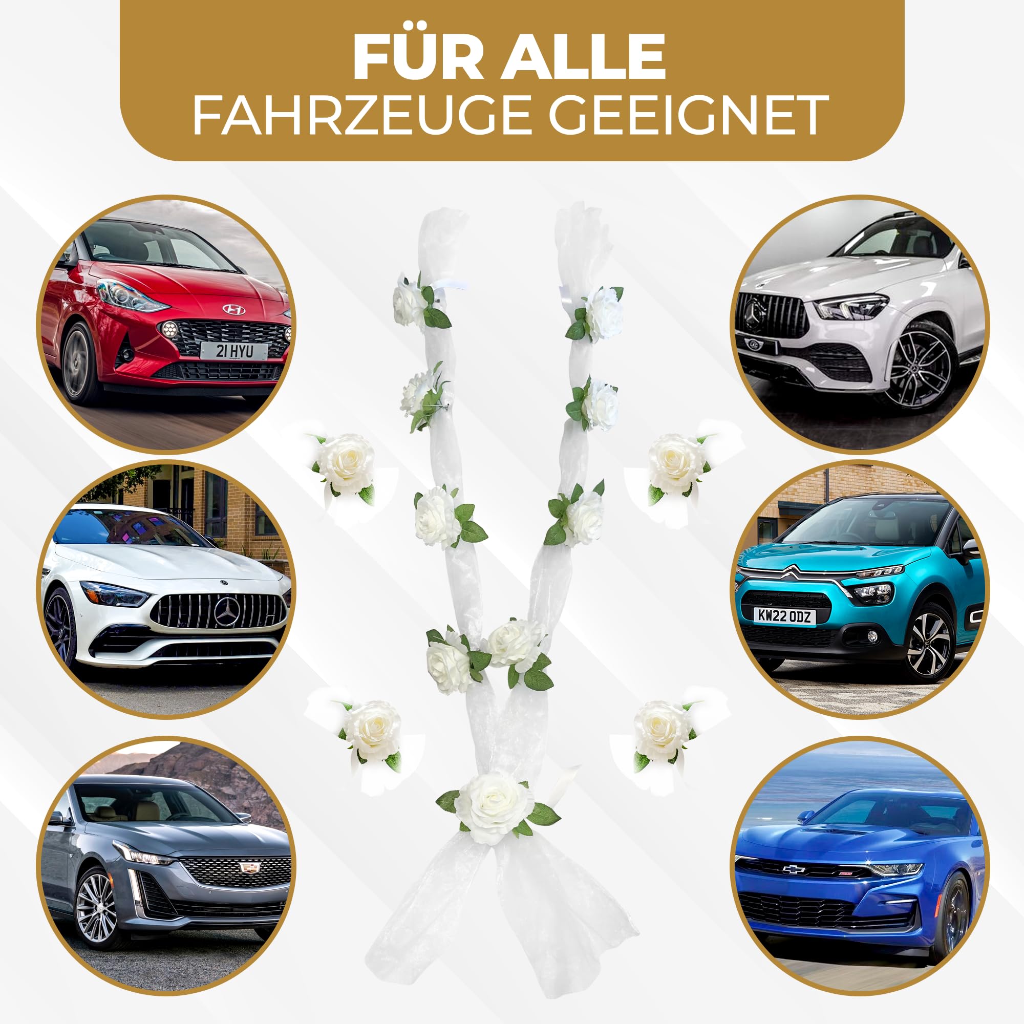 GROVBLE Hochzeits Auto Deko Set - 2 Blumen + 4 Schleifen Für Auto Schmuck