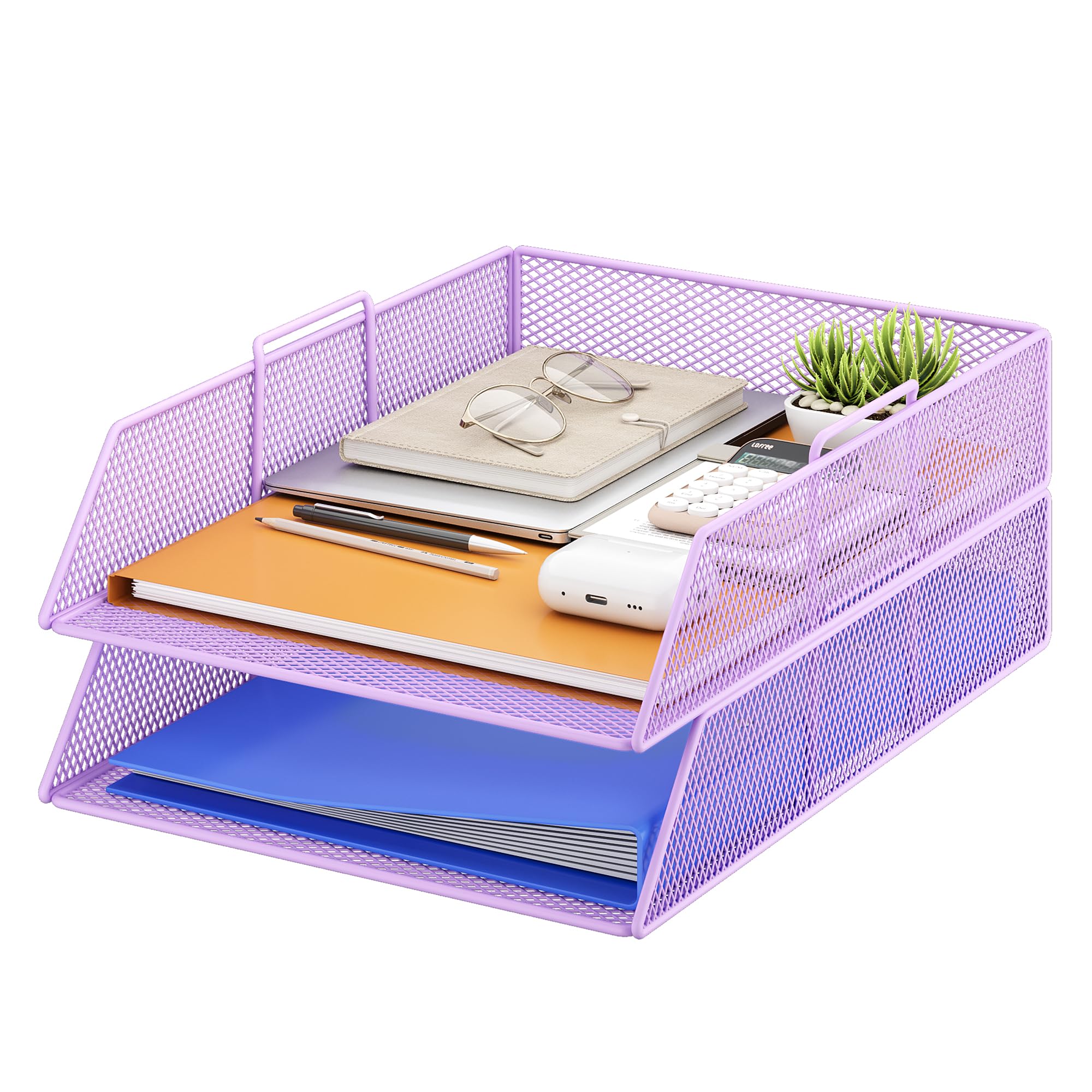 VITVITI 2 Tier Stackable Letter Tray for Office Tidy, Desk Paper Organizer File Trays for Office Desk Accessories, Paper Letter Accessories with Pen Holder - Purple