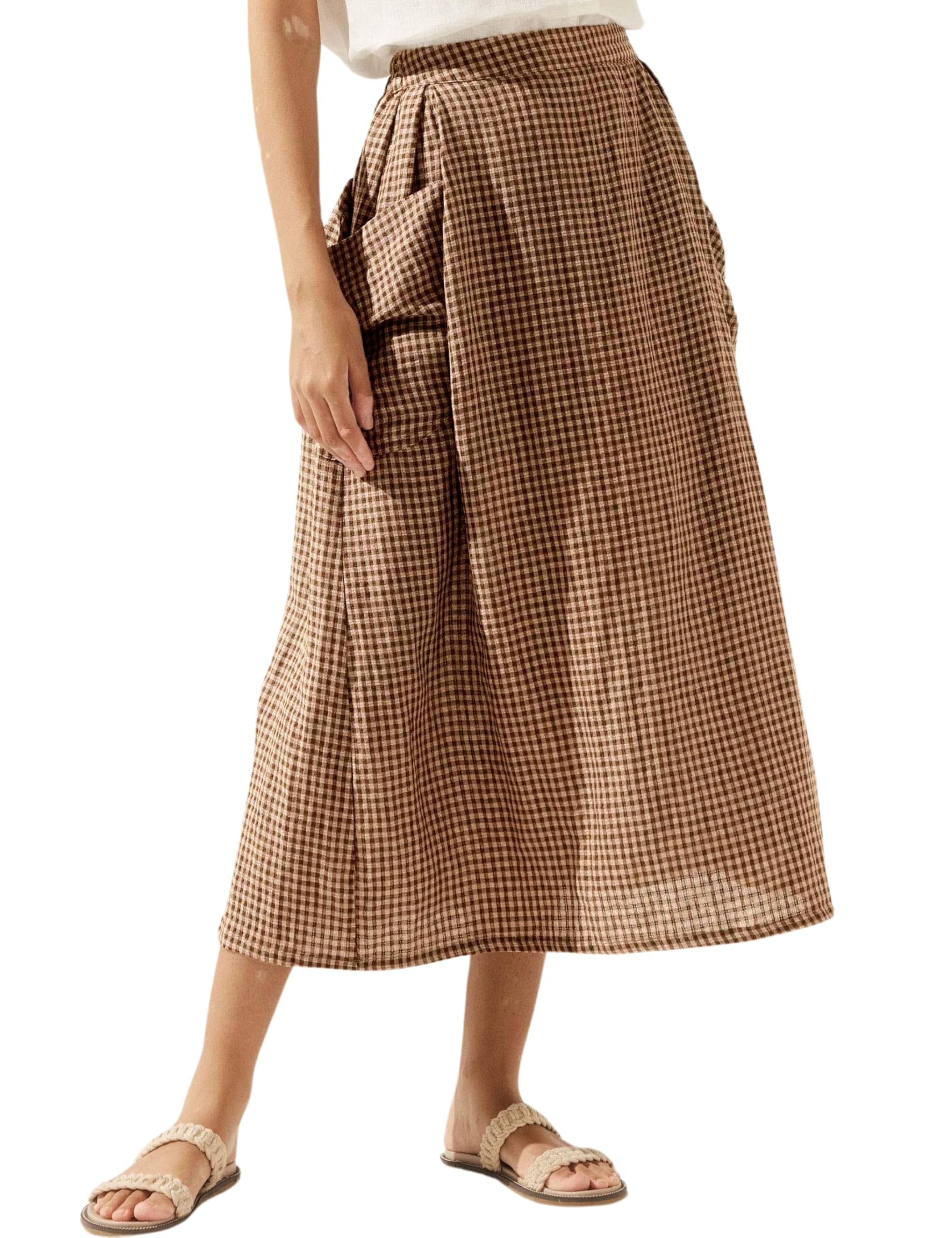 MISSACTIVER Plaid Skirts for Women Elastic Waist Midi Skirt with Pockets Vintage Flowy Gingham Long Skirt Brown