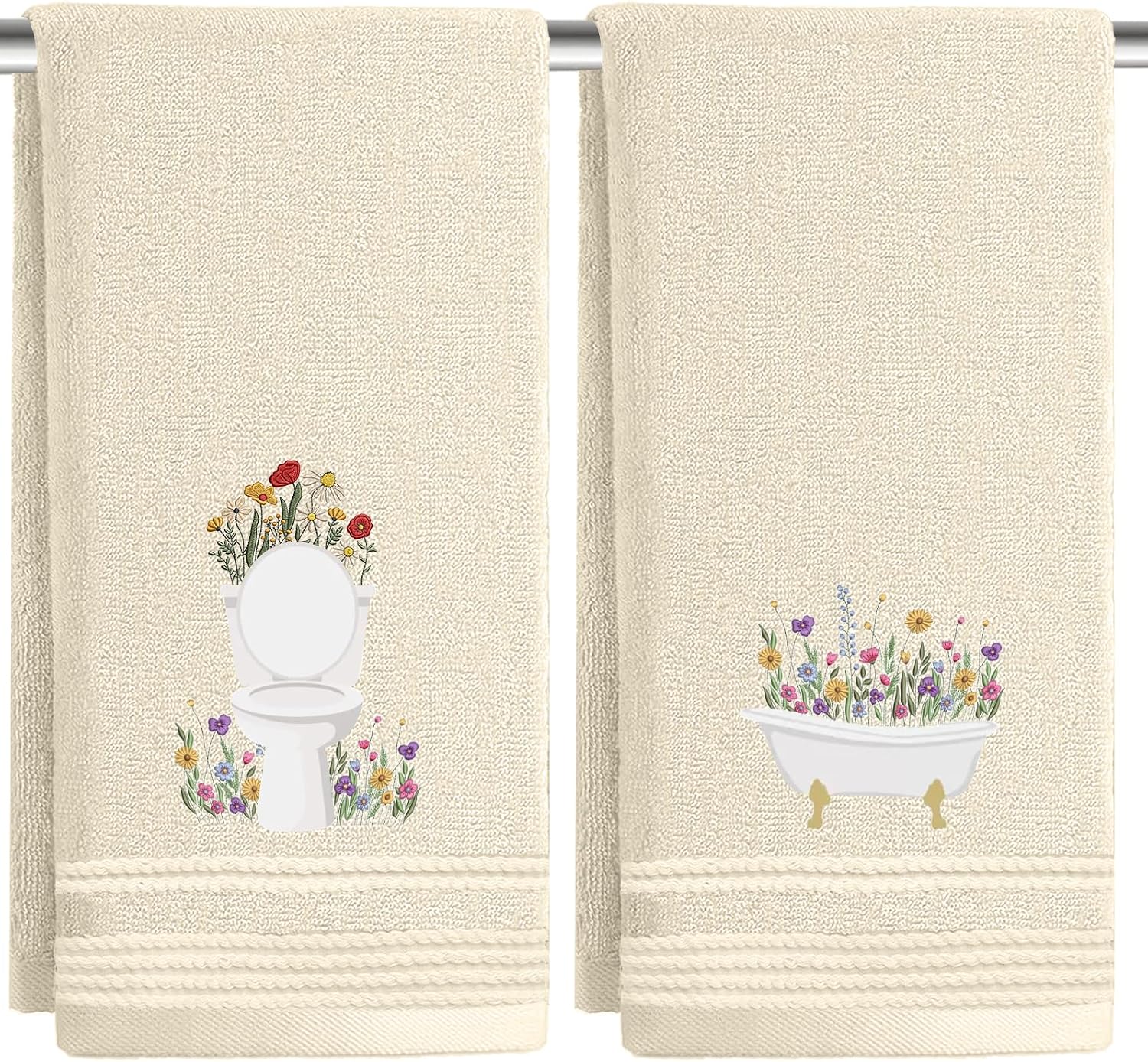 2pcs Beige Wildflower Hand Towels for Bathroom Decorative Towels Set 100% Cotton Cute Embroidered Spring Summer Floral Bath Towels Dish Kitchen Towels Farmhouse Bathroom Decor Gift (Wildflower)