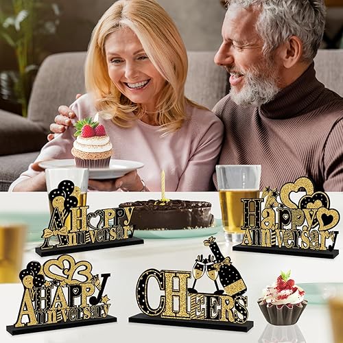 Miniatura 5 de 4 piezas de decoración de aniversario, centros de mesa de madera, oro negro, feliz boda, aniversario, suministros de fiesta, 10, 20, 30, 40, 50, 60