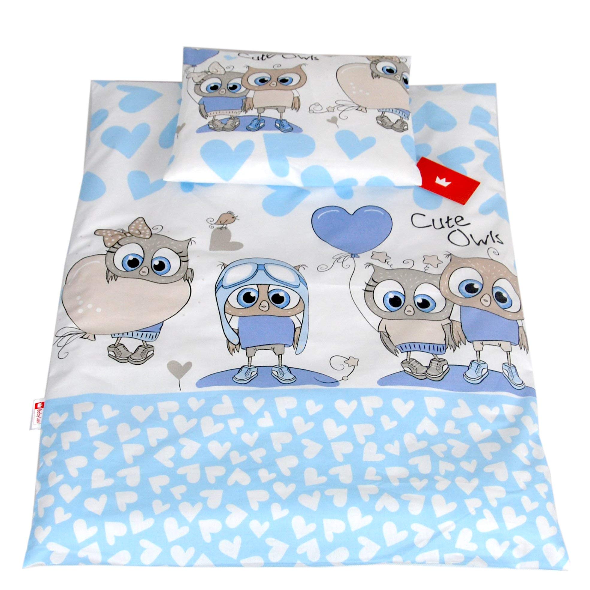 Babylux 2 TLG. Set Bezug für Kinderwagen Stubenwagen oder Wiege Garnitur Bettwäsche Kissen Decke 60 x 78 cm (102. Eule Blau)