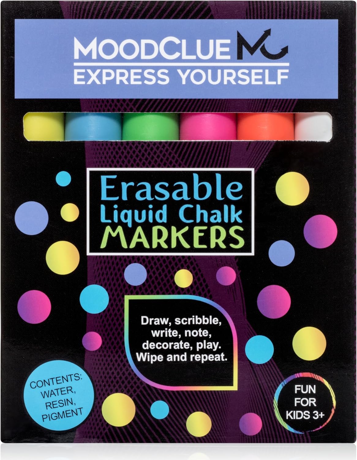 MoodClue Liquid Chalk Markers for Glass Erasable – 6 Neon Wet & Dry Erase Chalk Markers, Reversible Fine & Bold Tip, Washable Window, Mirror, Whiteboard, Blackboard & Car Window