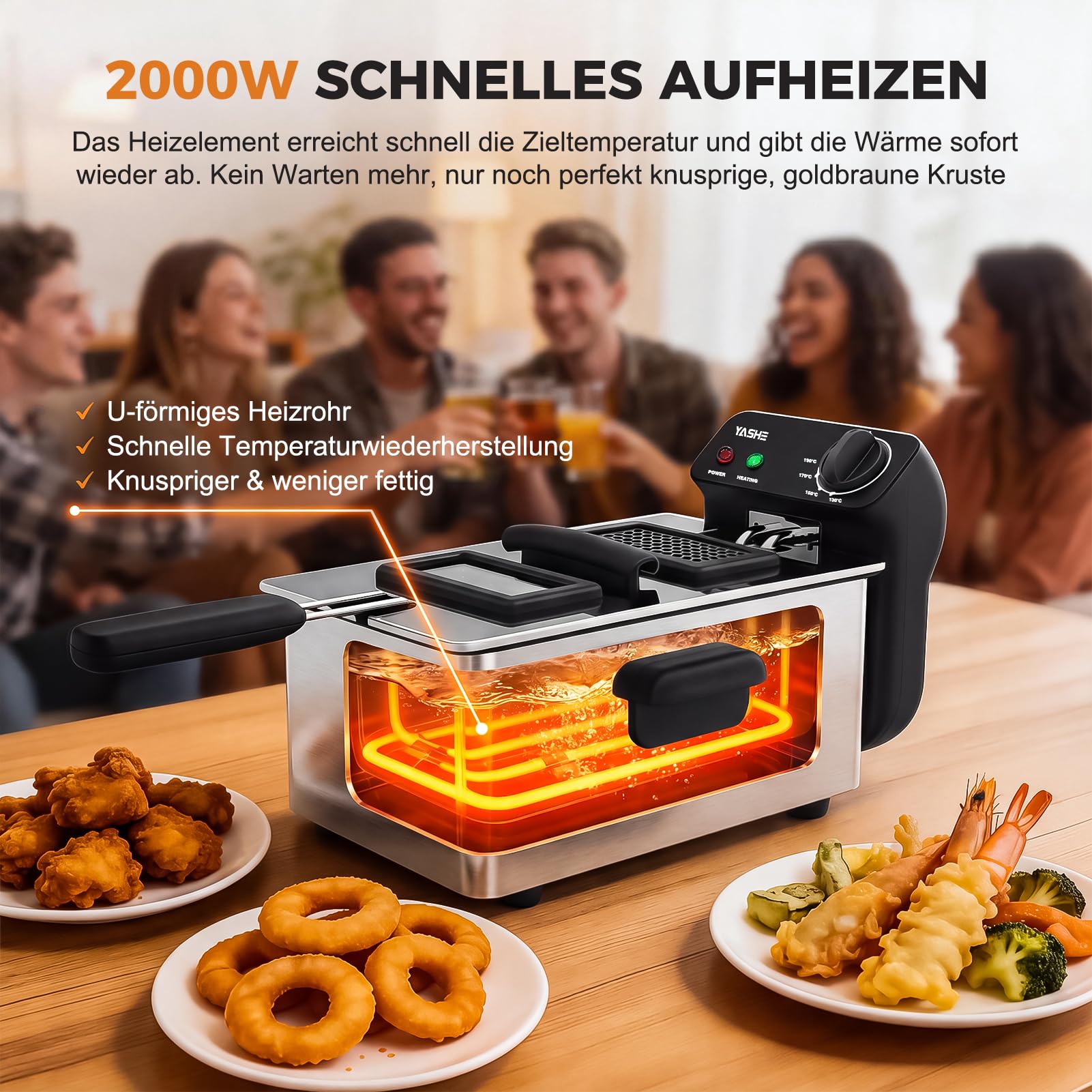 YASHE Friteuse mit Fett 3L, 2000 W mit Sichtfenster | Mit Temperaturregelung, Herausnehmbarem Korb & Ölbehälter, Edelstahl, Leicht zu Reinigen