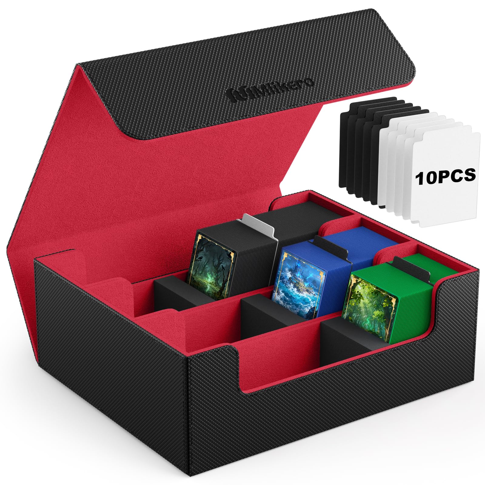 Mlikero Sammelkarten-Aufbewahrungsbox für 1800+ Karten, Magnetische Deck-Box passend für MTG und Sports Karten, Premium Commander Deck Box mit 10 kompatiblen Kartenteilern (Schwarz&Rot)