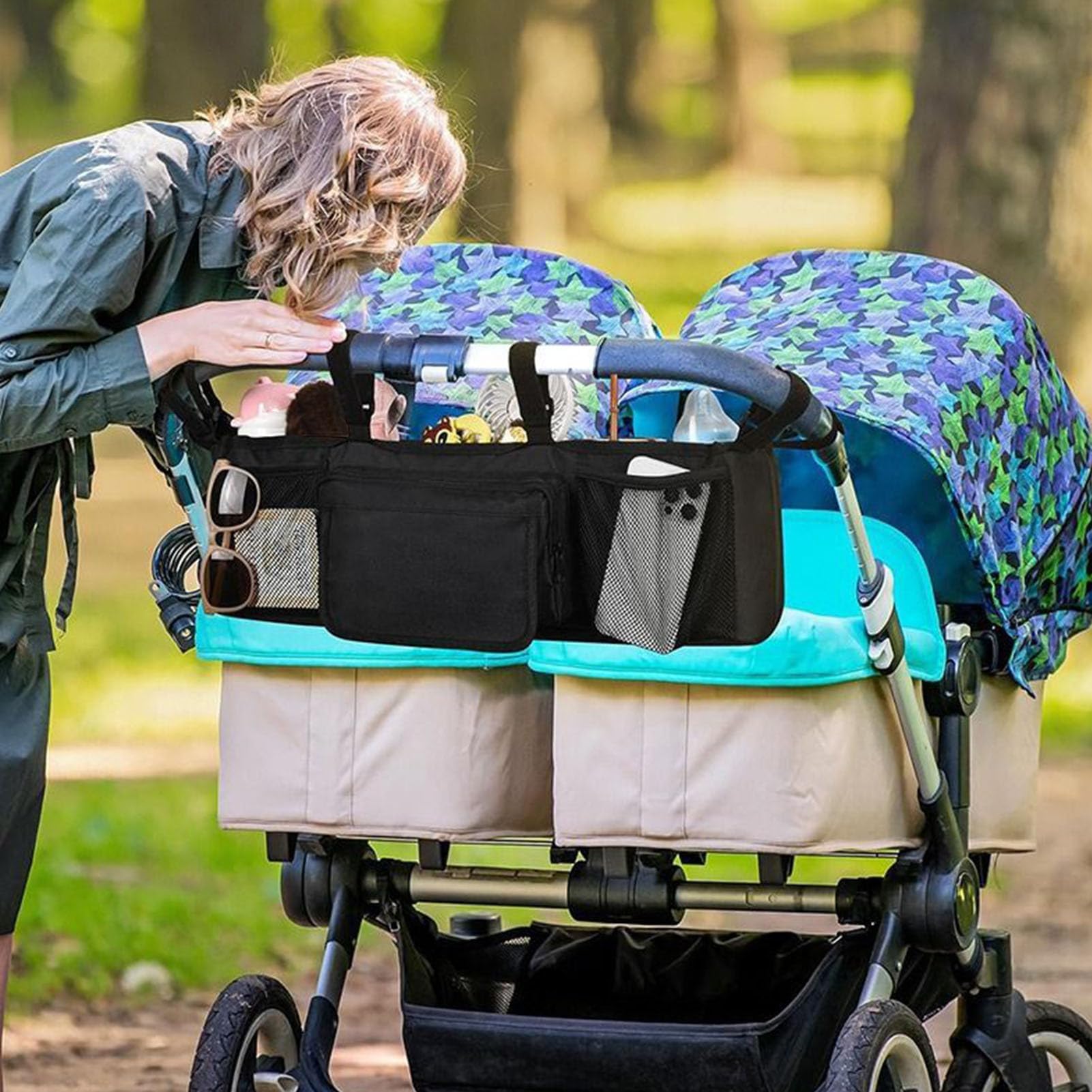 Podwójny organizer na wózek - wodoodporny z 3 przestronnymi przegródkami - kompaktowa konstrukcja na sprzęt dla niemowląt - idealny do codziennego użytku, na kemping i zajęcia na świeżym powietrzu