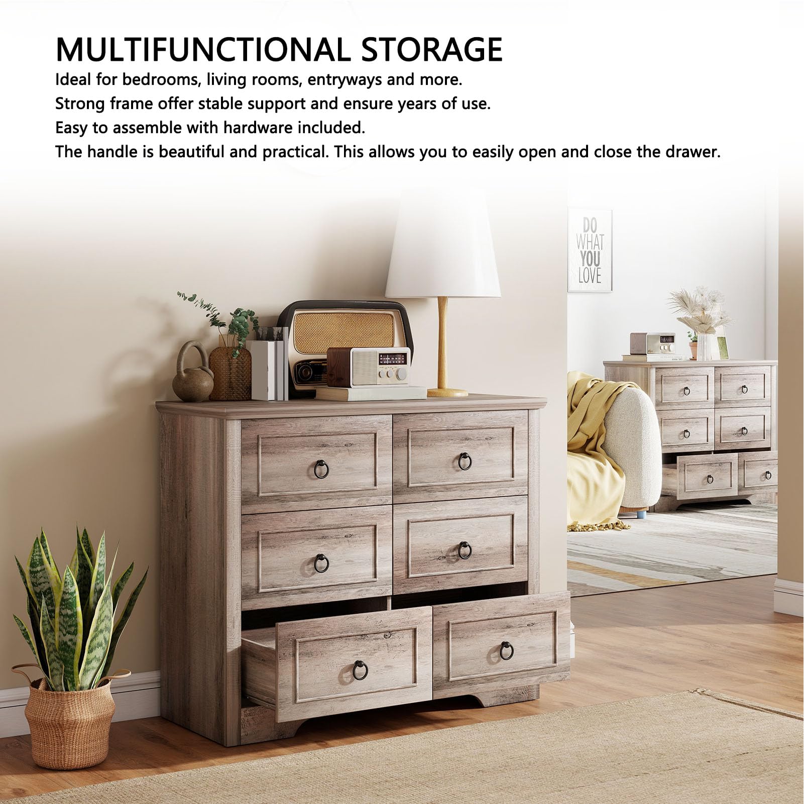 Comò con 6 Schubladen, Commode Holz, Schubladenschrank 102x40x85cm, Komodenschrank con Griffen und Kippsicherung, Cassettiera, Commode Grau per Schlafzimmer, Wohnzimmer