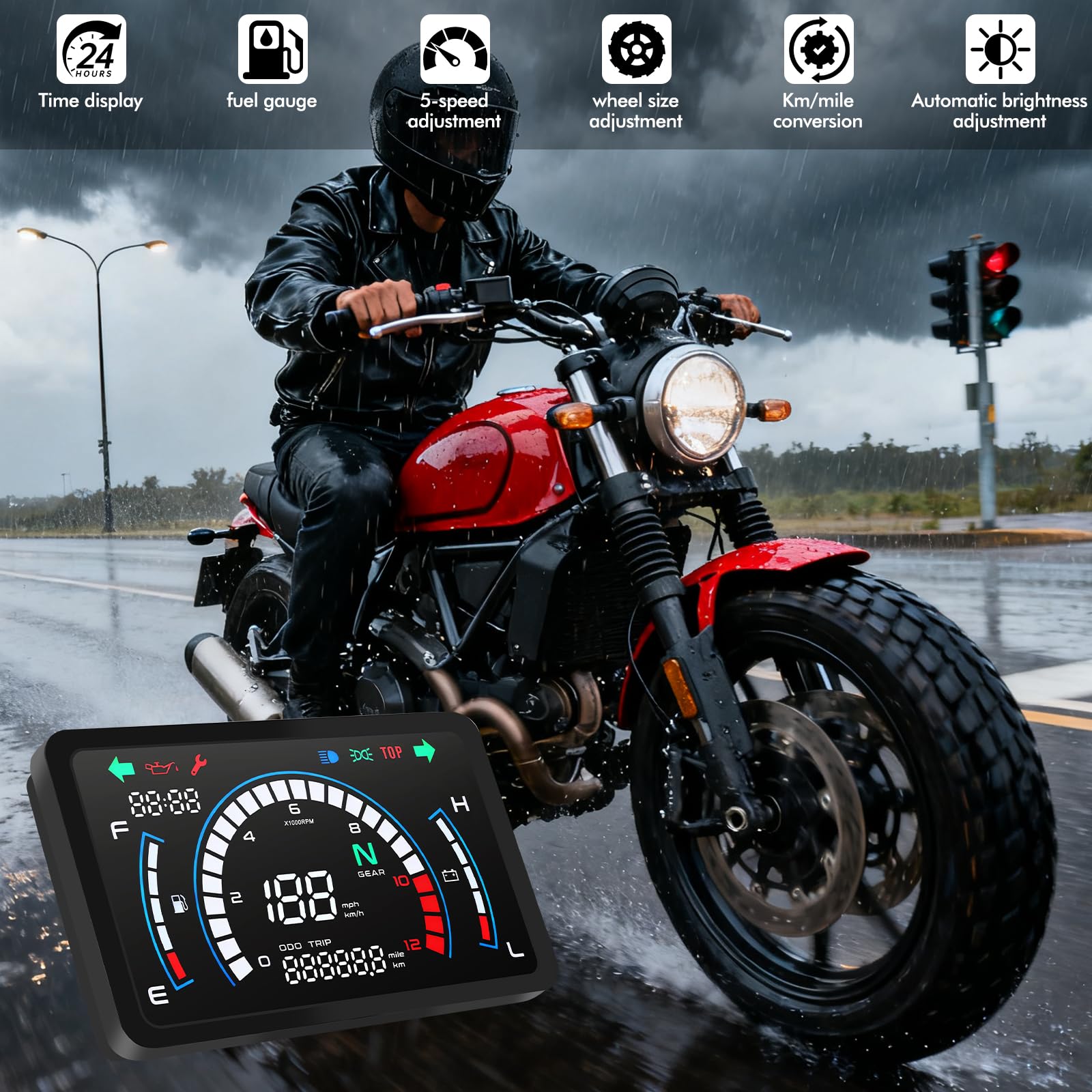 Geloo Motorrad Tacho Digital Motorcycle Speedometer 12V mit 7.7-Zoll-Display, Automatische Helligkeitsanpassung Für Honda CG125 Forza125 FT125