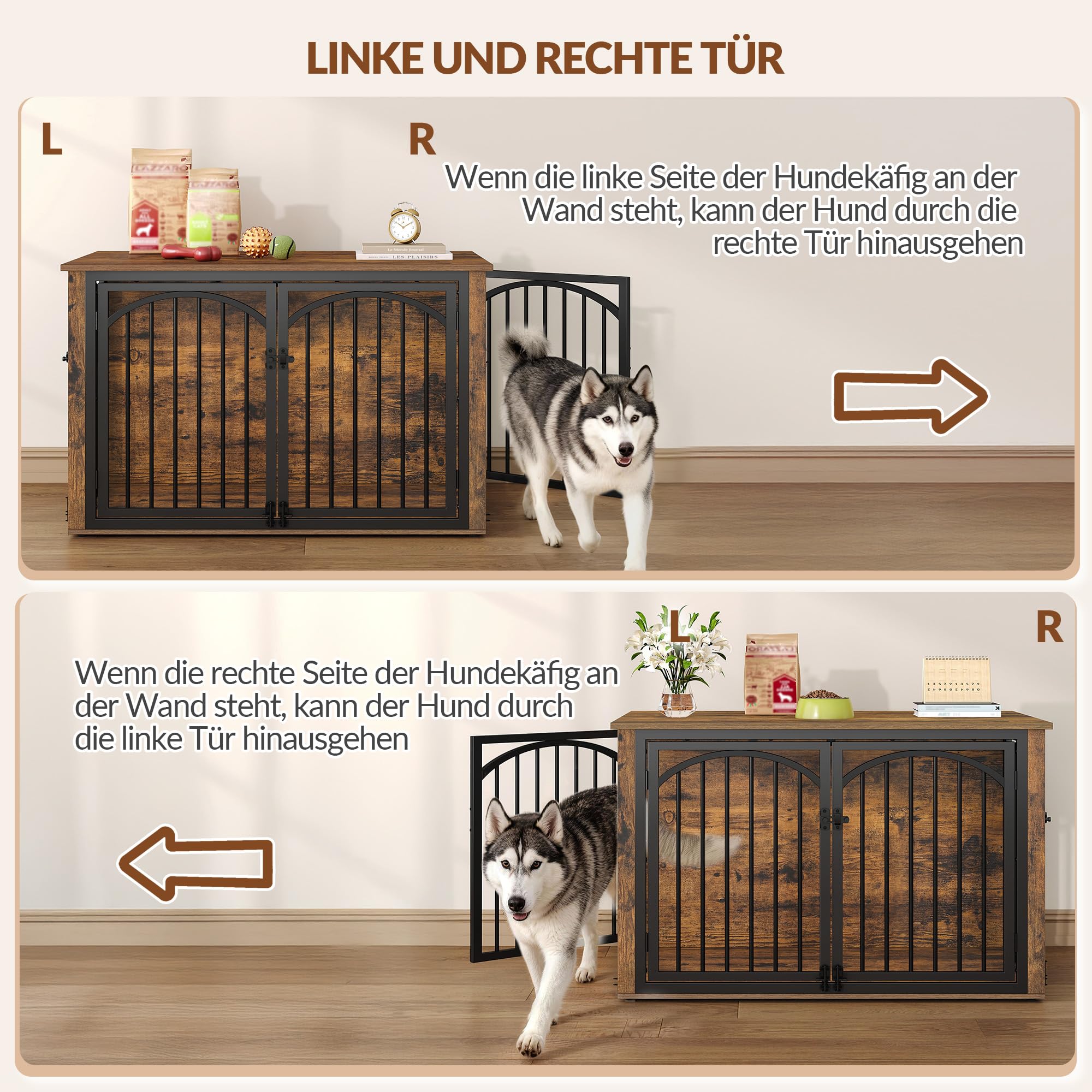 Hundekäfig Möbel, 100cm Hundebox für Zuhause mit 4 Türen, Moderne Hundebox Holz, Beistelltisch, für Mittelgroße bis Große Hunde, Hundekäfig Indoor, 100 x 60 x 63 cm, Vintagebraun und Schwarz
