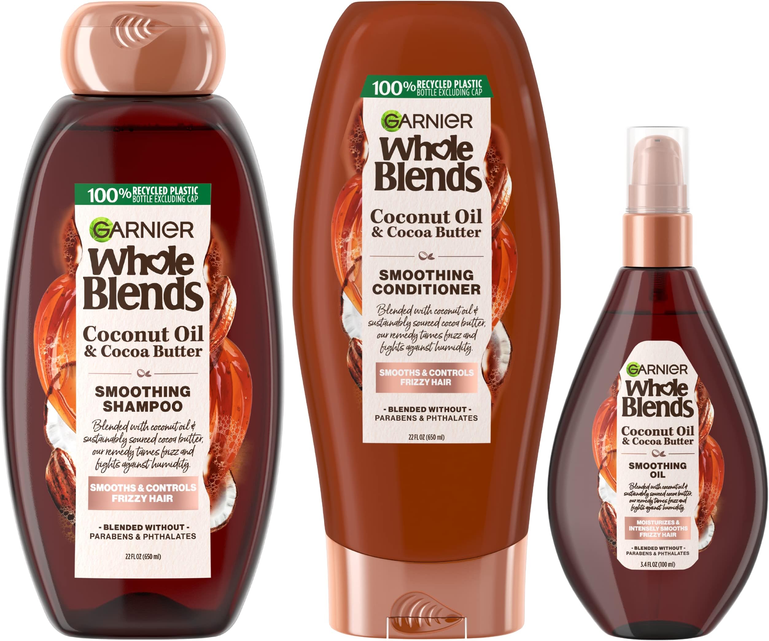 Garnier Hair Care Whole Blends Smoothing Coconut Oil and Cocoa Butter Extracts Shampoo, Conditioner, and Smoothing Oil, For Frizzy Hair, Coconut, 1.0 Count