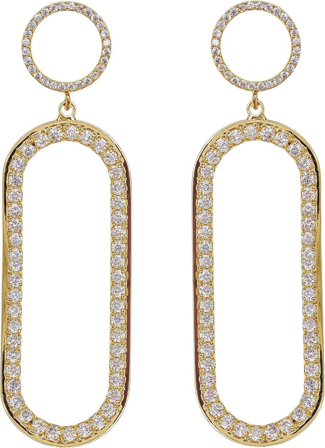 Navachi 18k Gold Plated Clear Crystal Circle Long Elliptical Drop Stud Earrings