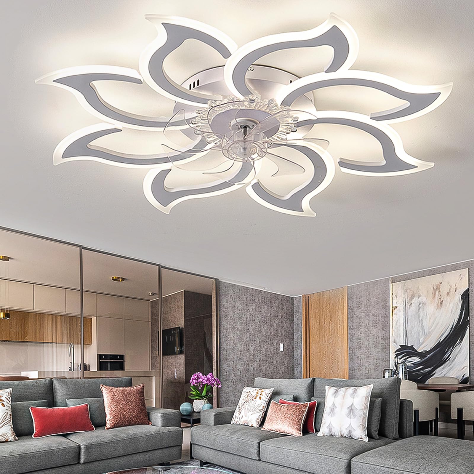 Caufloce Living Room Ceiling Fans with Lights Reversible, Dimmable Ceiling Fan Chandelier APP, Modern Light with Fan Remote Control Timer 6 Speed Flower for Bedroom Lounge-White