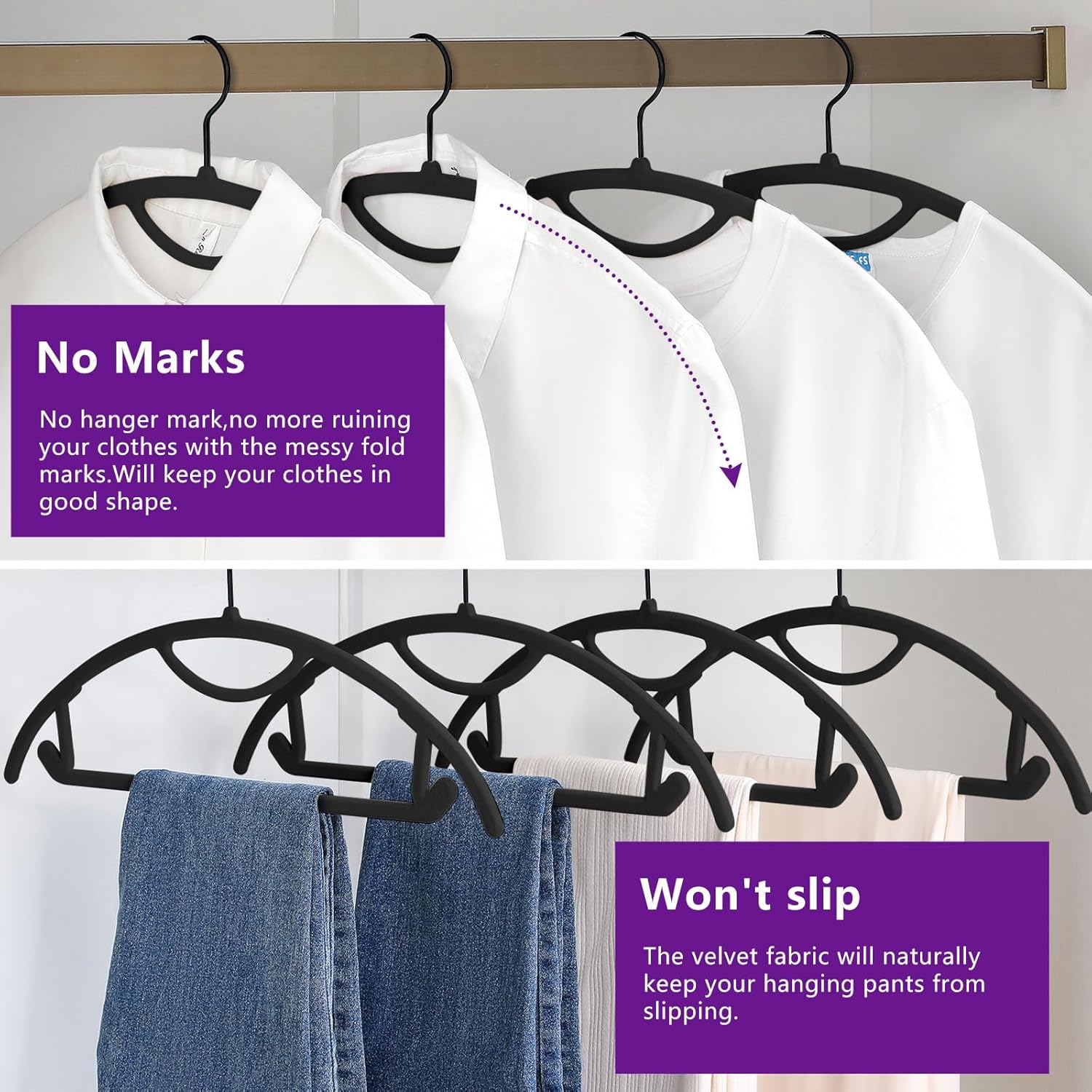 MIZGI Premium Velvet Hangers 50-Pack,No Shoulder Bump Hangers W/Tie Bar Ultra Thin Space Saving Non Slip Hanger Heavy Duty Felt Rounded Clothes Hanger for Sweaters,Coat,Jackets,Pants,Shirts - Image 3