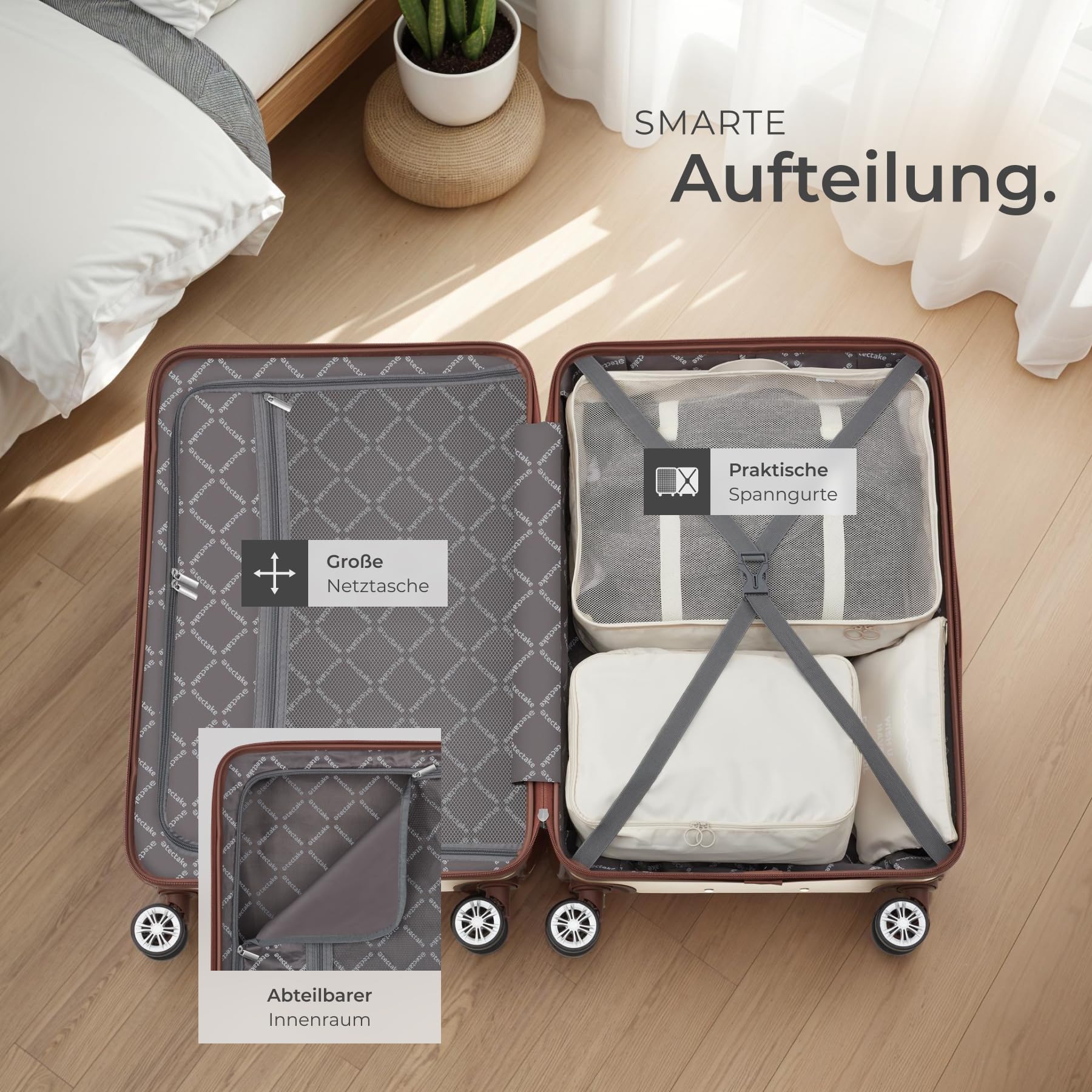 tectake® 13-TLG. Koffer Set mit Reisetasche, Koffer & Trolleys, Reisekoffer mit Rollen, Kofferset mit 3X Koffer groß und Tasche, Hartschalenkoffer mit TSA Schloss - Creme