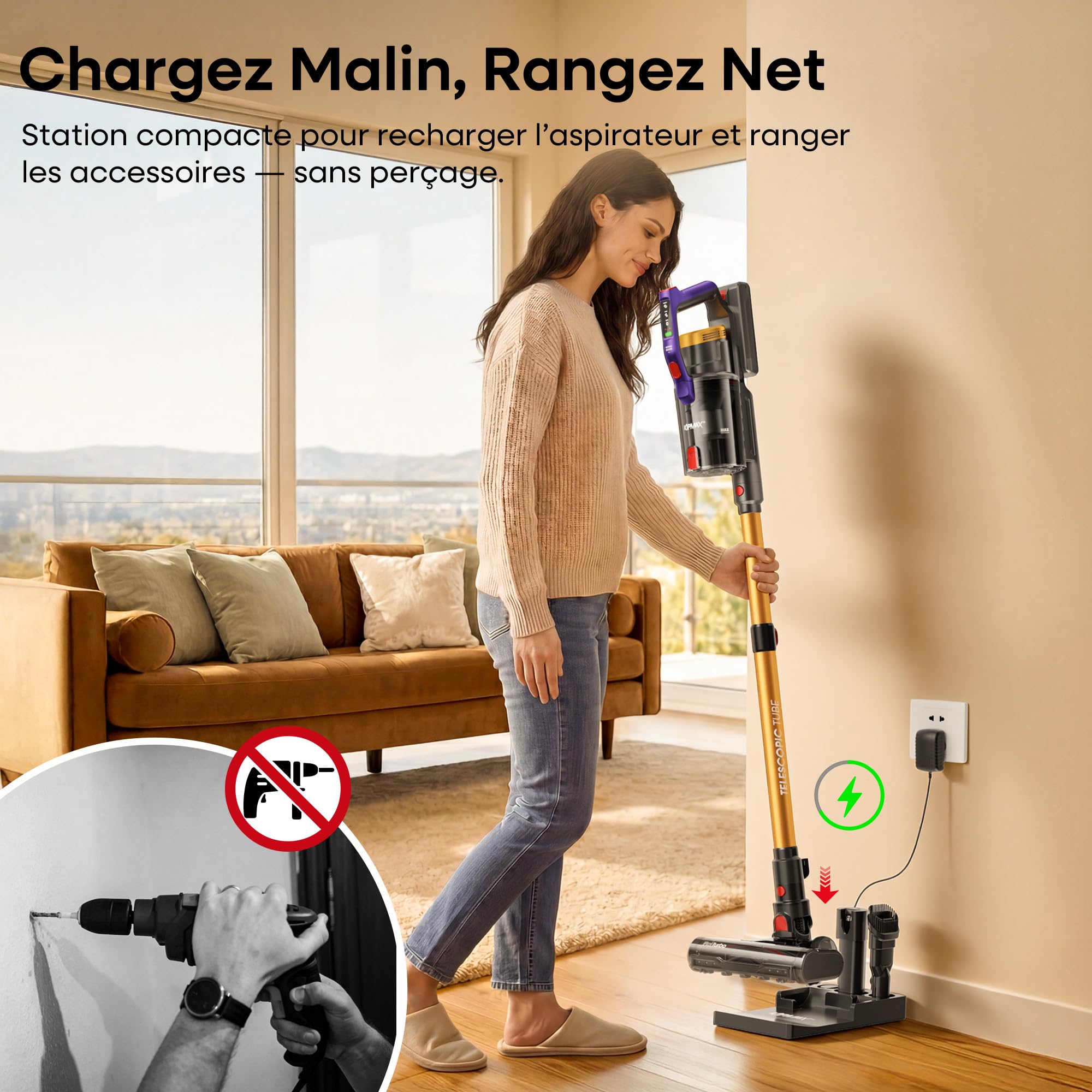 KIPMAX Aspirateur Balai sans Fil, pour Sols Durs, Tapis, Animaux et Voiture, 550W/50KPa/70Mins Aspirateur sans Fil Puissant, avec Base de Chargement et de Rangement, Parfumé, Brosse Anti-Enmêlement