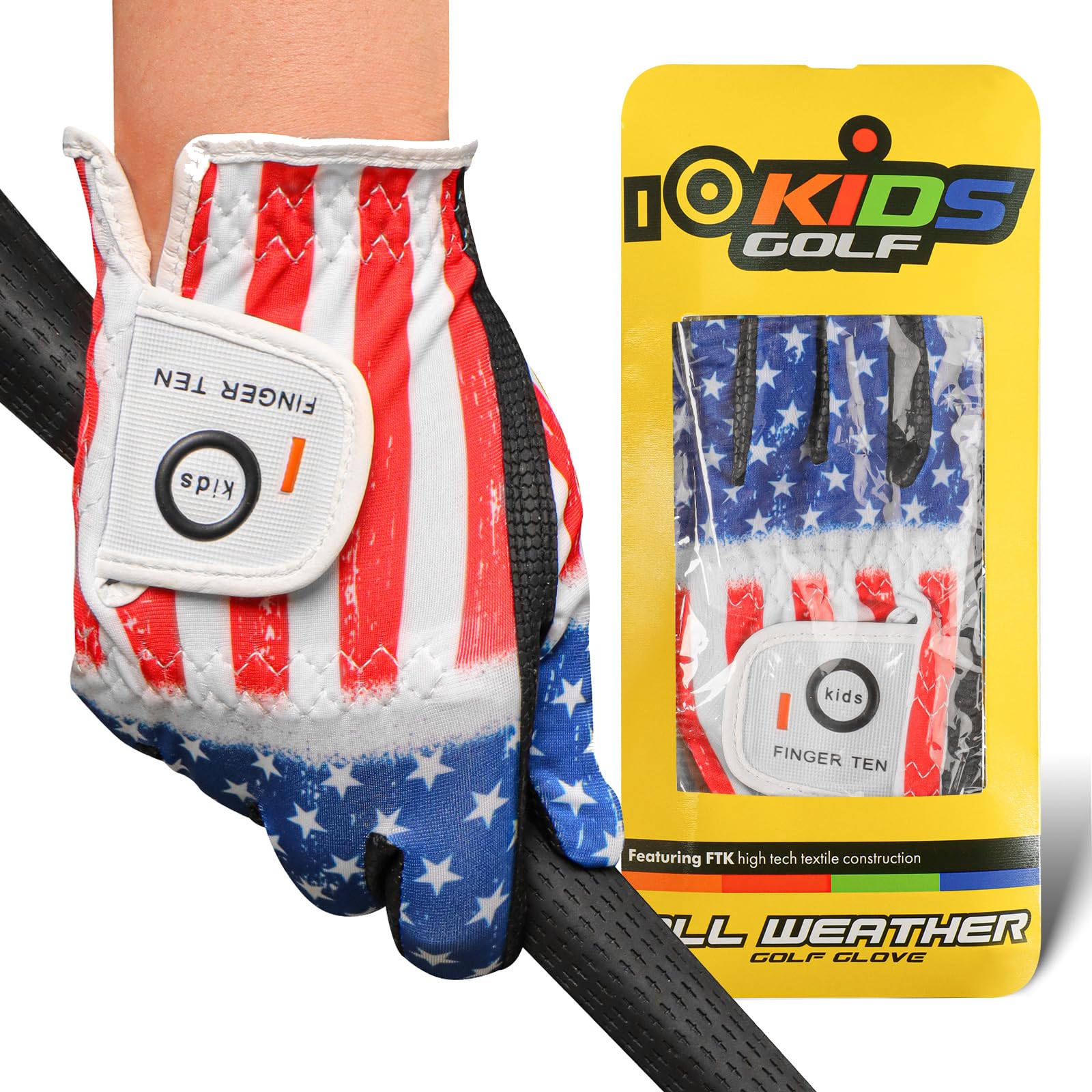FINGER TEN Kids Golf Glove Left or Right Hand 1 Pack with Cool Design, Extra Grip Gloves Comfortable Breathable for Youth Junior Toddler Boys Girls (USA(Worn on Right Hand), Medium)