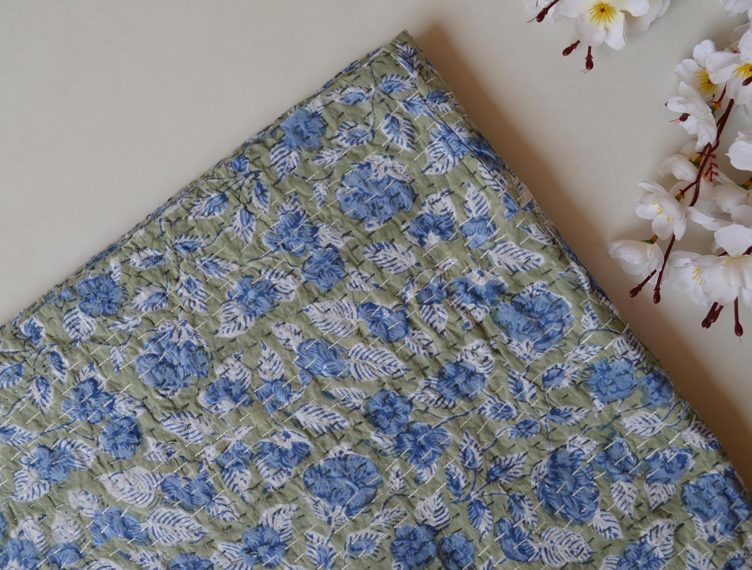 Ethnicfashville Indian Kantha Throw Indian Cotton Kantha Quilt 100% Cotton Kantha Bedspread Handblock Quilt, Indian Gudari Bedding Blanket (California King)