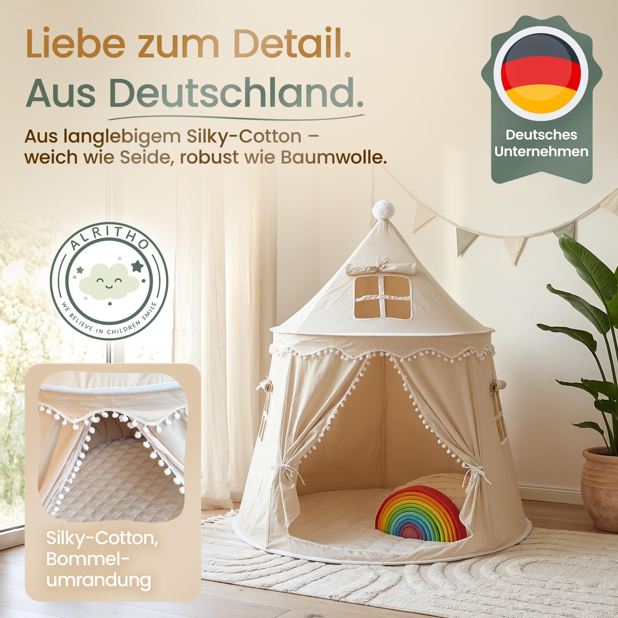 Spielzelt Kinder aus weichem Silky-Cotton in Warmbeige 110x110x130cm | Kinderzelt Indoor mit TripleAir-Effect, gemütlicher Bodenmatte & Tragetasche | stabile Kuschelhöhle fürs Kinderzimmer