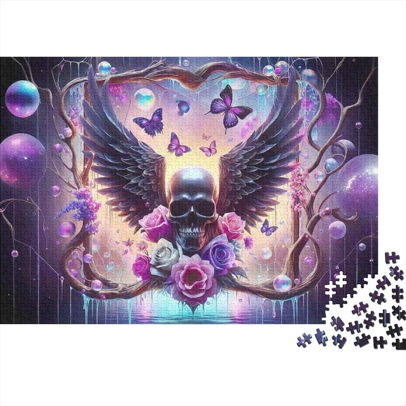 Skull Butterfly 1000 Piece Jigsaw Puzzle Paper Jigsaw Puzzle for Adults Fantasy Purple Family Relaxation Home Decor 52x38cm/1000pcs