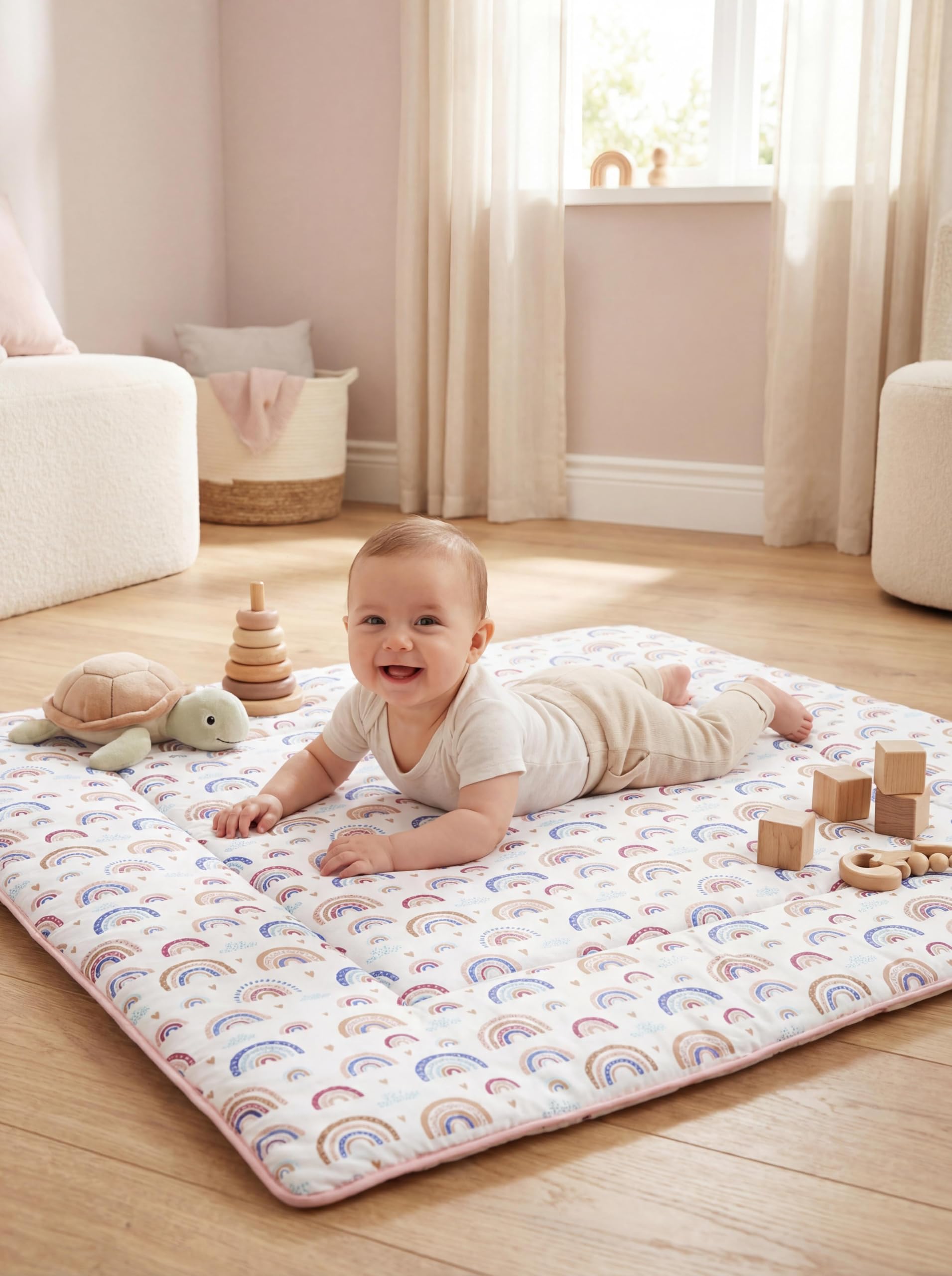 TupTam Tappeto Play Mat Per Bambini e Neonati Coperta 120 x 120 cm Gioco Imbottita XXL, Arcobaleno/Blu/Rosa - 3